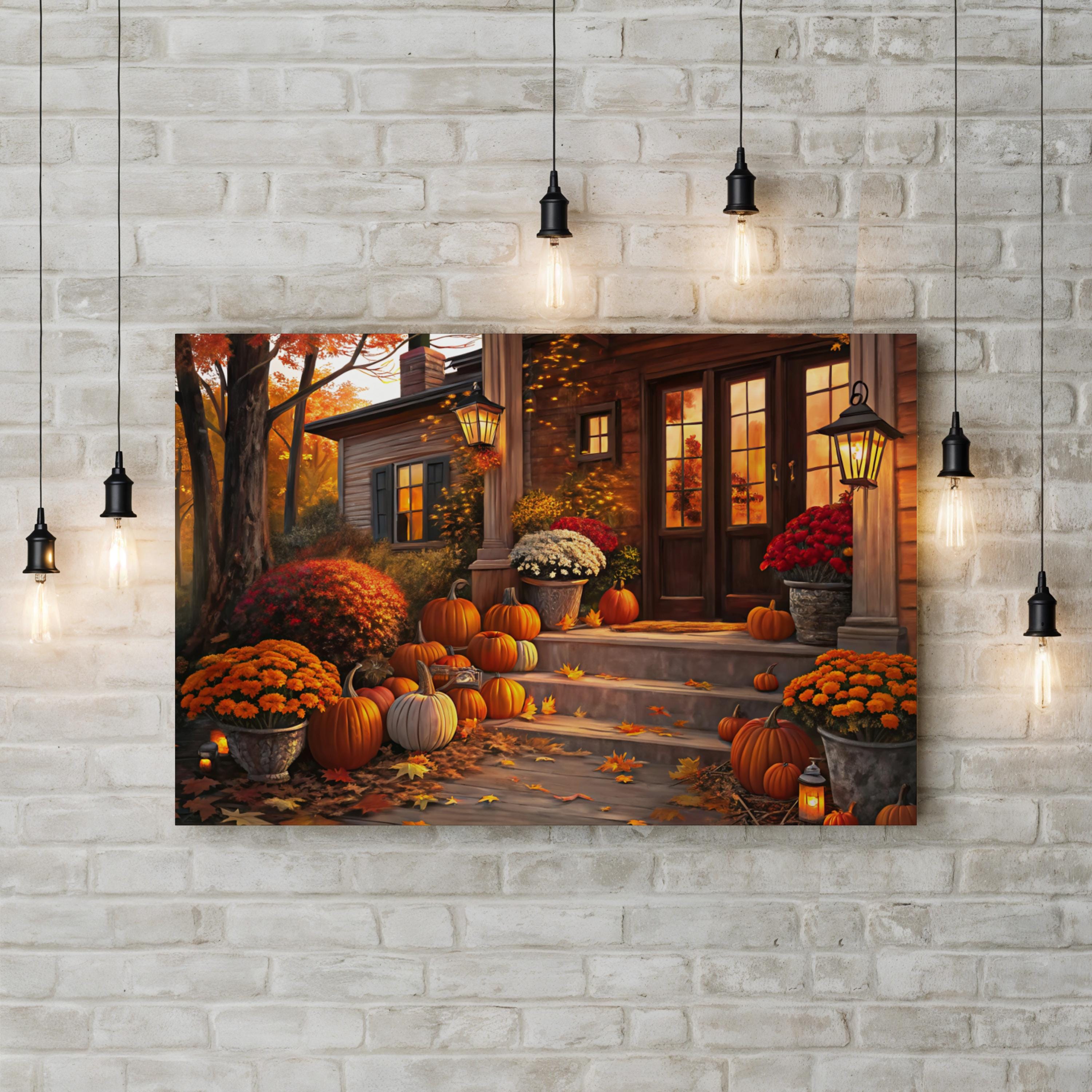 Autumn Porch with Pumpkins – Period Illustration Wall Art | Fall Harvest Canvas Print