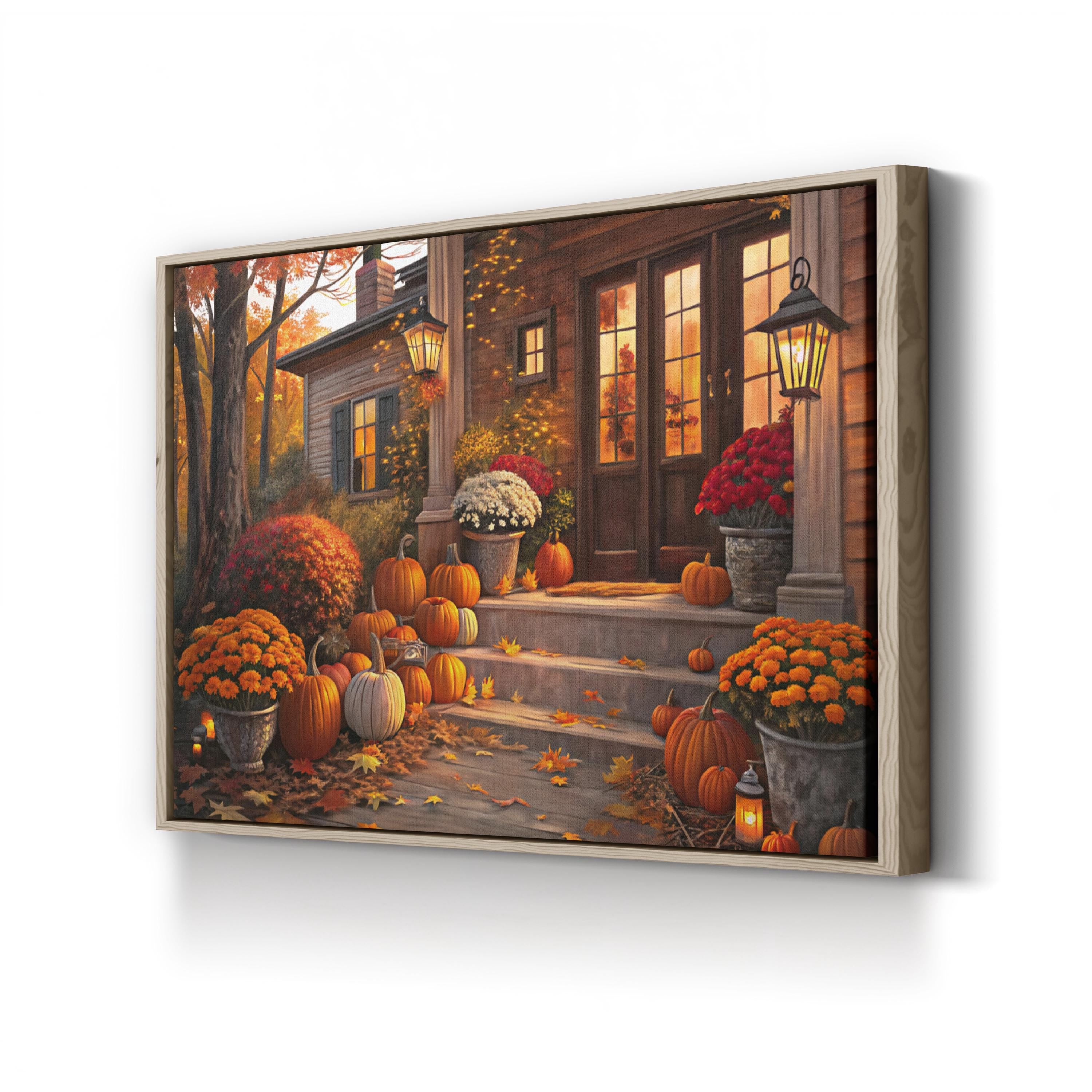 Autumn Porch with Pumpkins – Period Illustration Wall Art | Fall Harvest Canvas Print