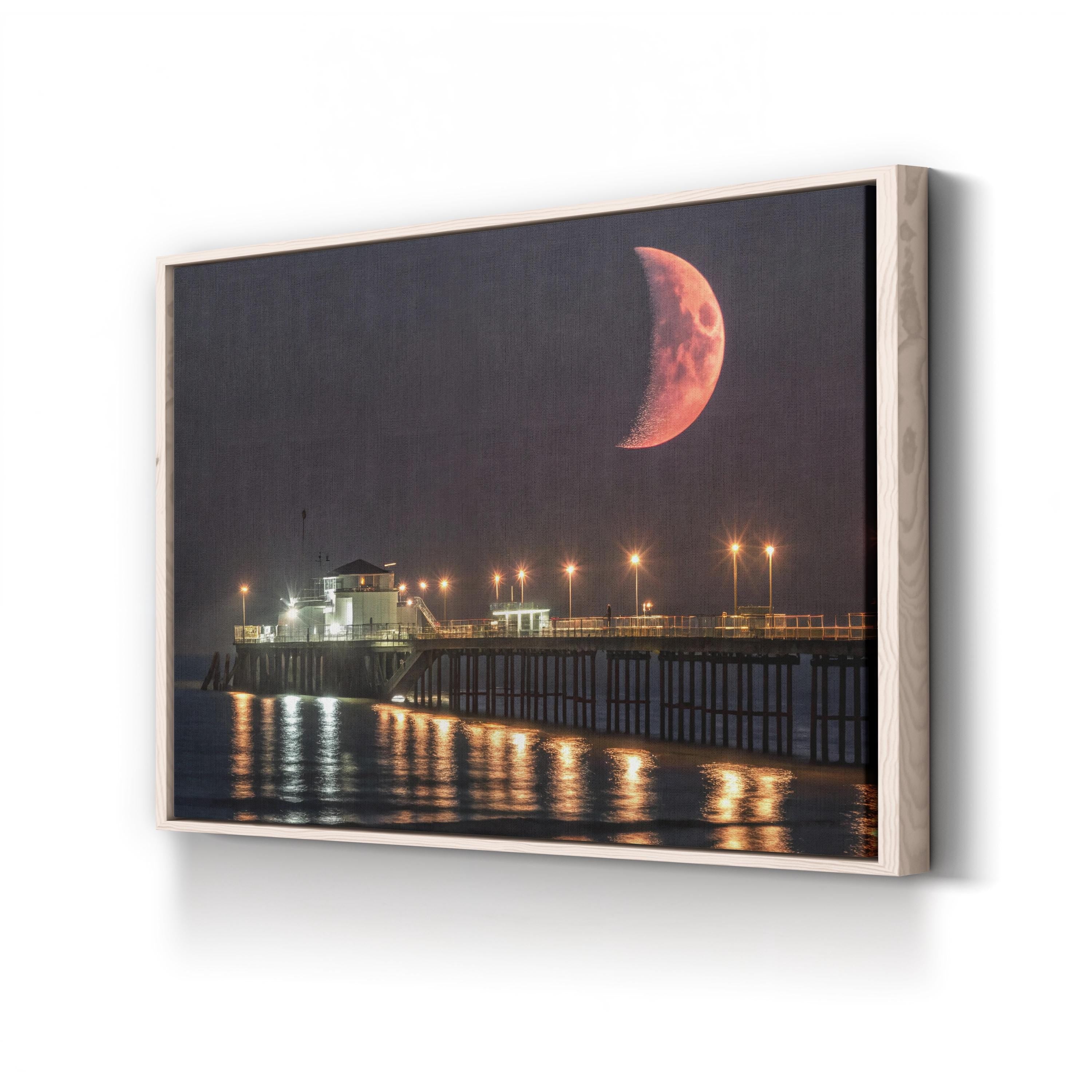 Crescent Moon Over Pier – Vintage Photography Wall Art | Night Sky Coastal Canvas Print