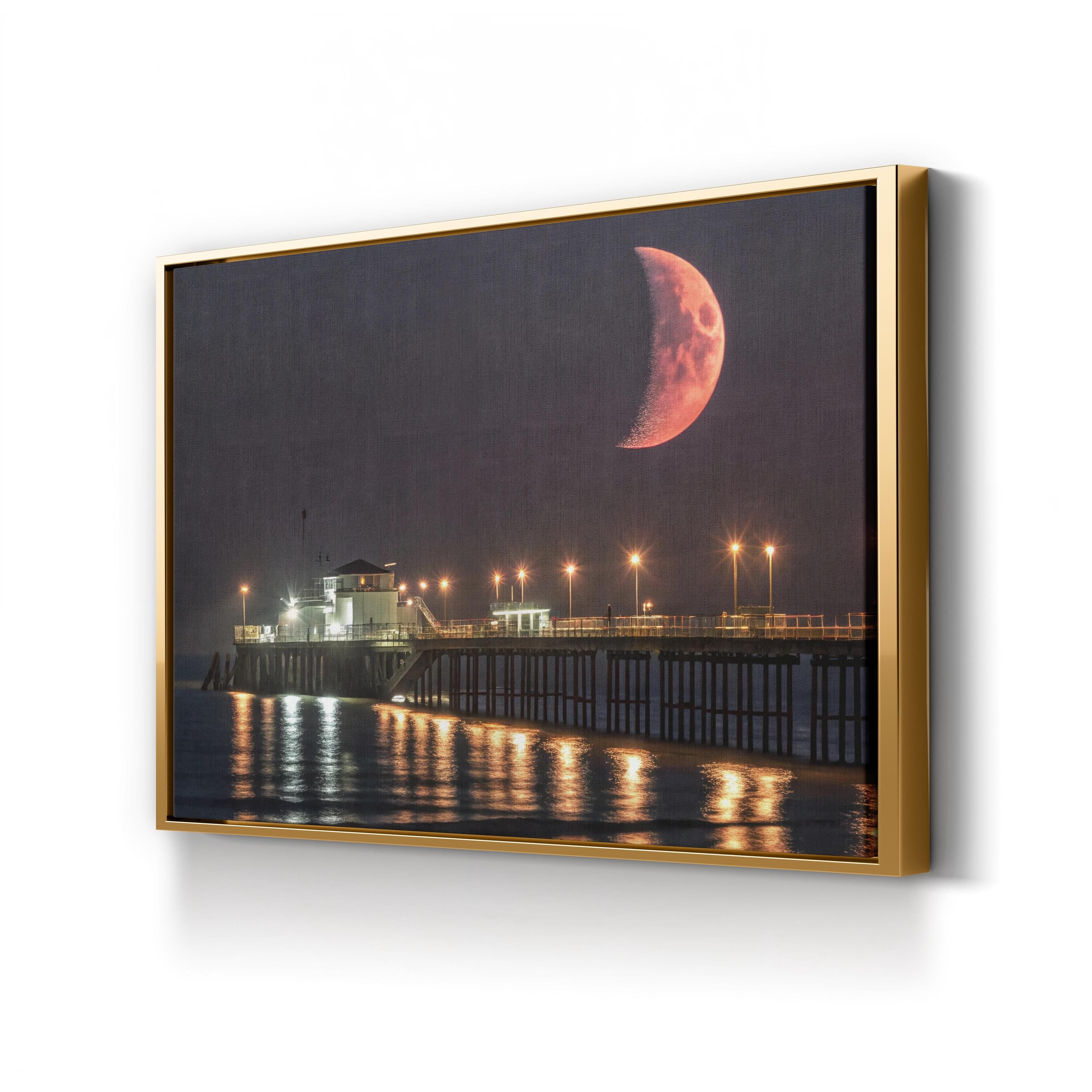 Crescent Moon Over Pier – Vintage Photography Wall Art | Night Sky Coastal Canvas Print
