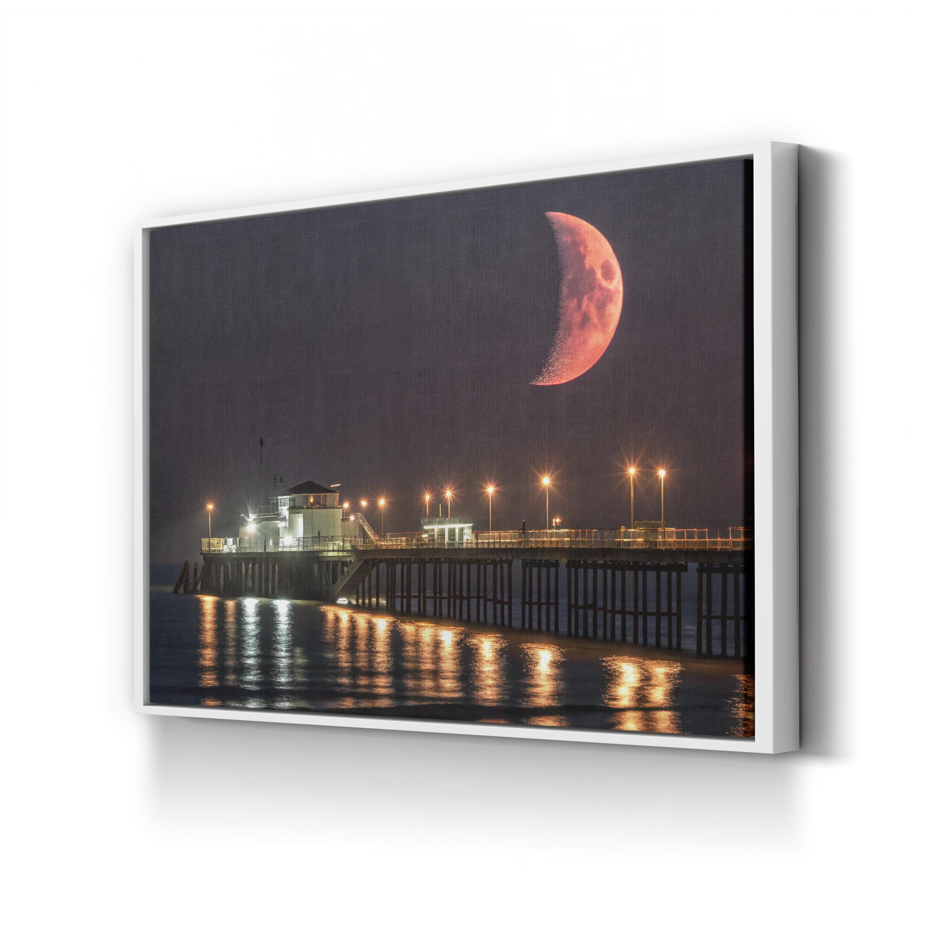 Crescent Moon Over Pier – Vintage Photography Wall Art | Night Sky Coastal Canvas Print