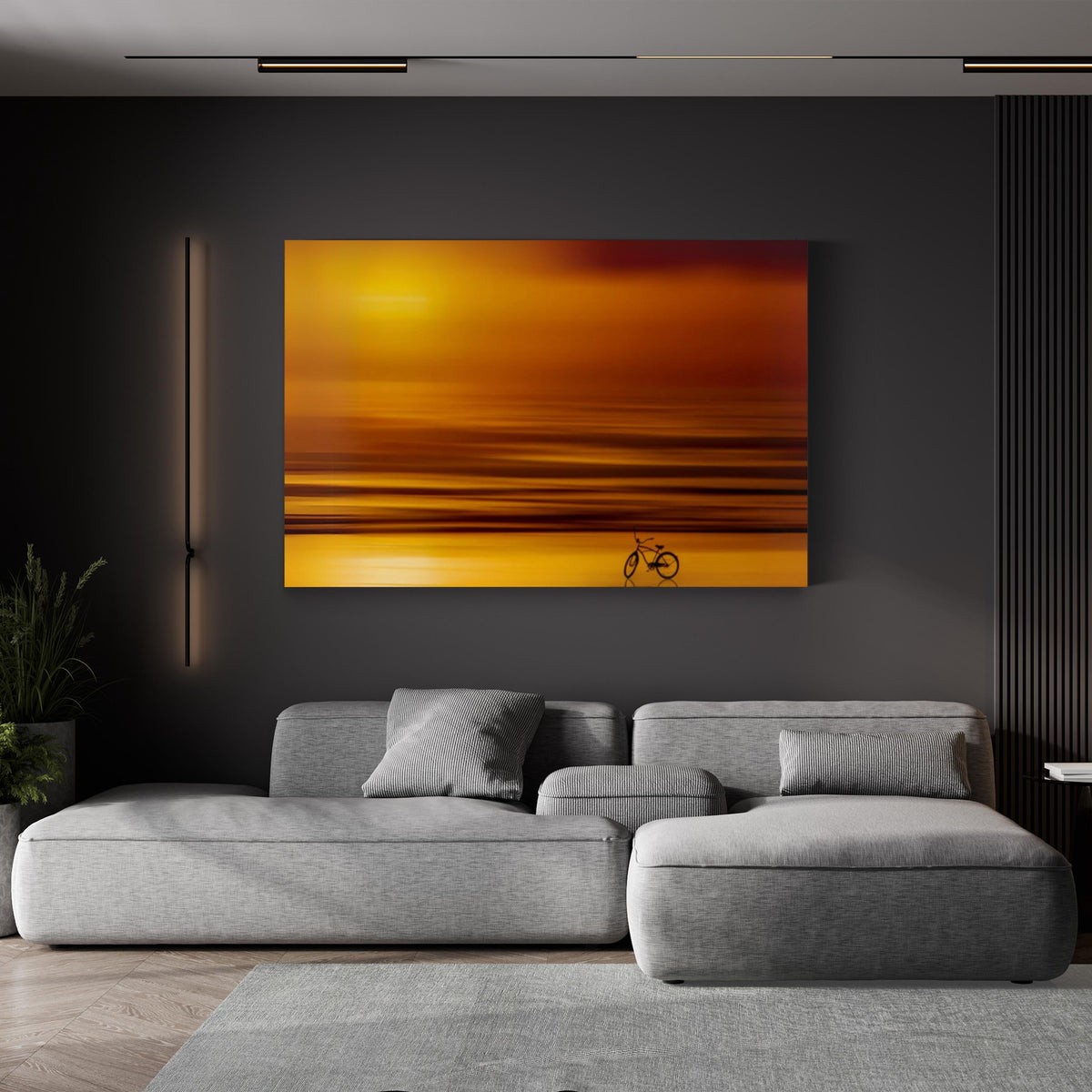 Vintage Bicycle Silhouette at Golden Sunset canvas print in white frame displayed in living room