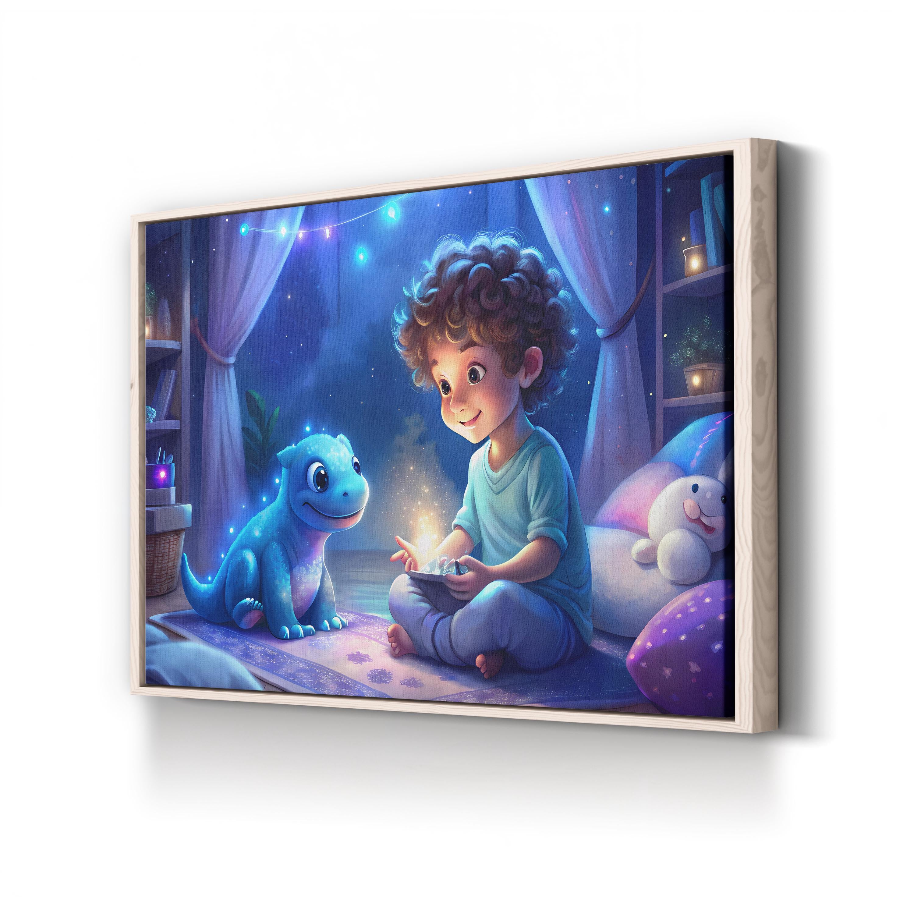 Dino Tales Dinosaur & Boy – Period Illustration Wall Art | Whimsical Nursery Canvas Print