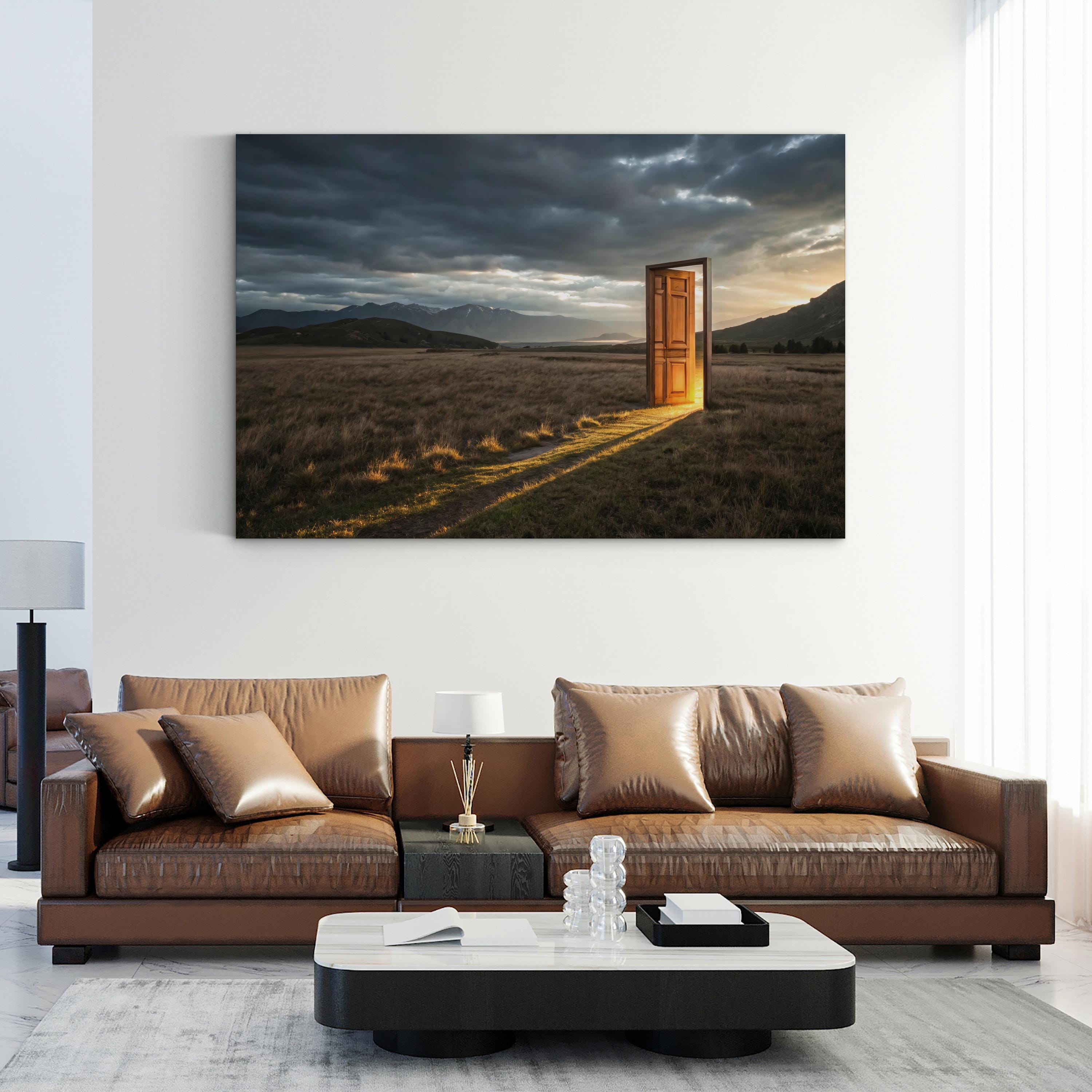 Surreal Mountain View Canvas Print – Doorway to Happiness, Modern Motivational Wall Art