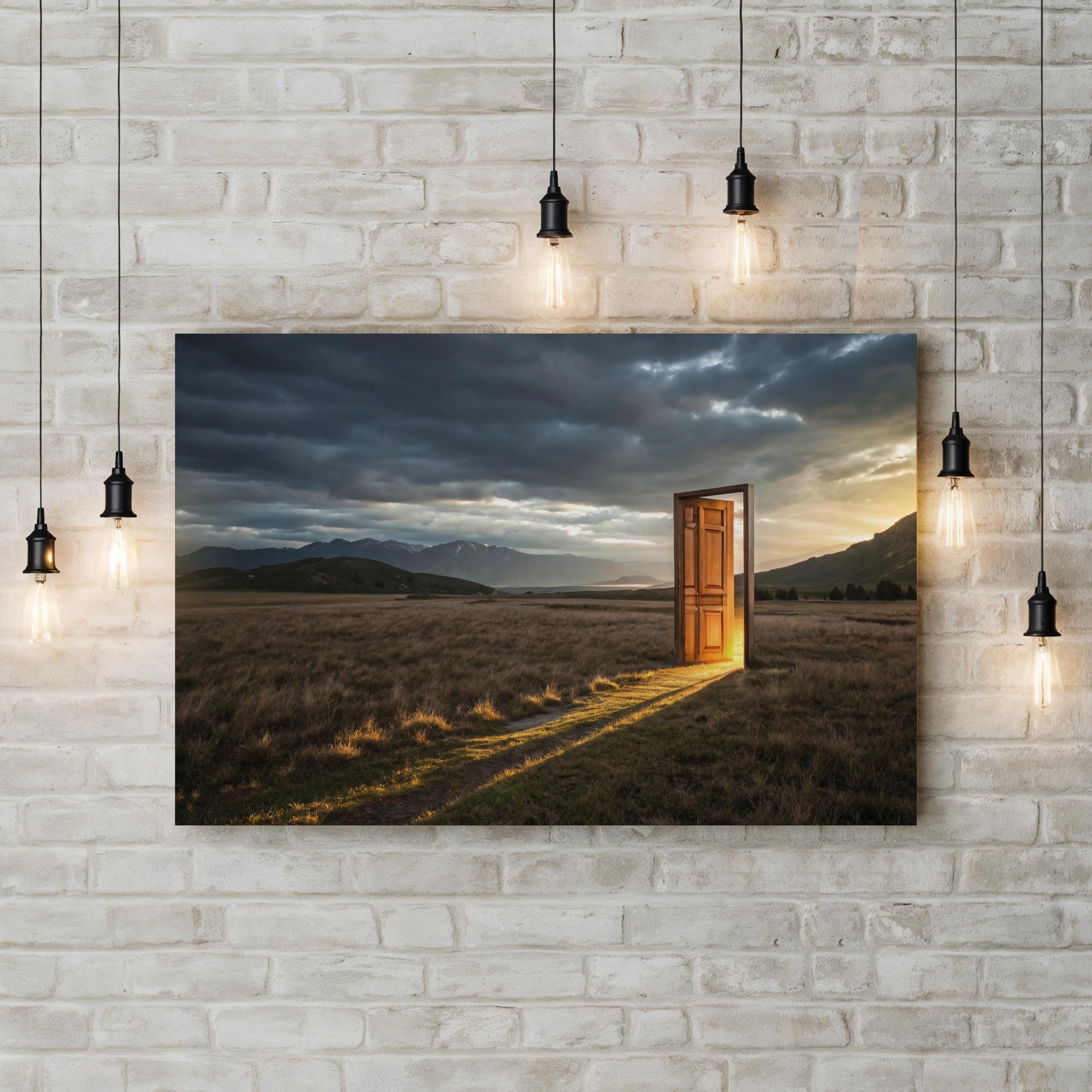 Surreal Mountain View Canvas Print – Doorway to Happiness, Modern Motivational Wall Art