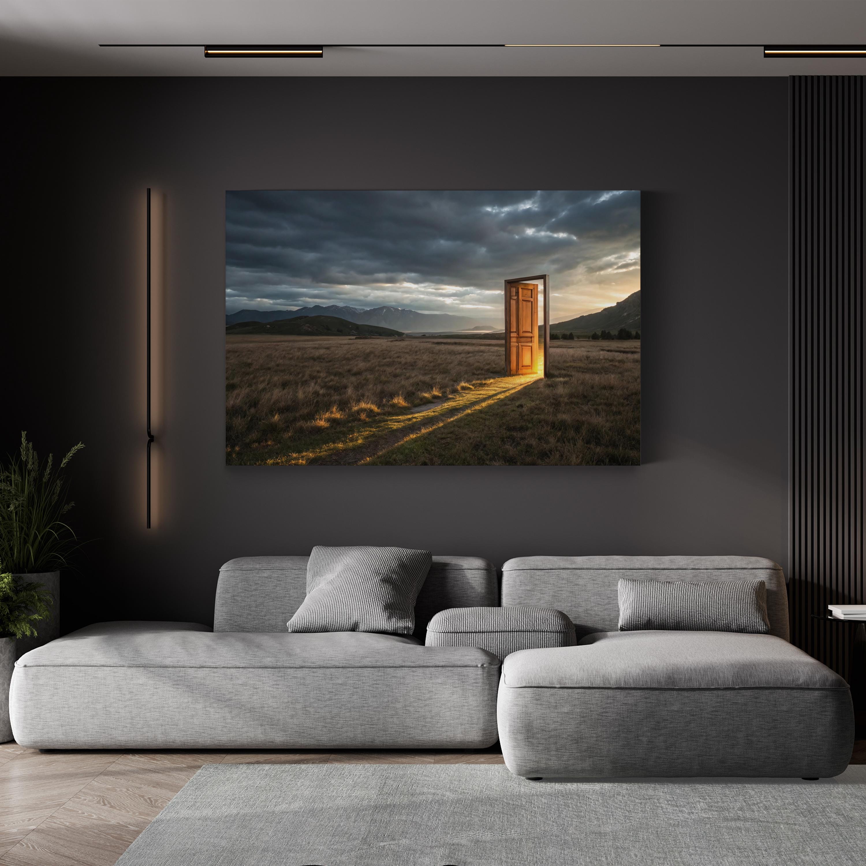 Surreal Mountain View Canvas Print – Doorway to Happiness, Modern Motivational Wall Art