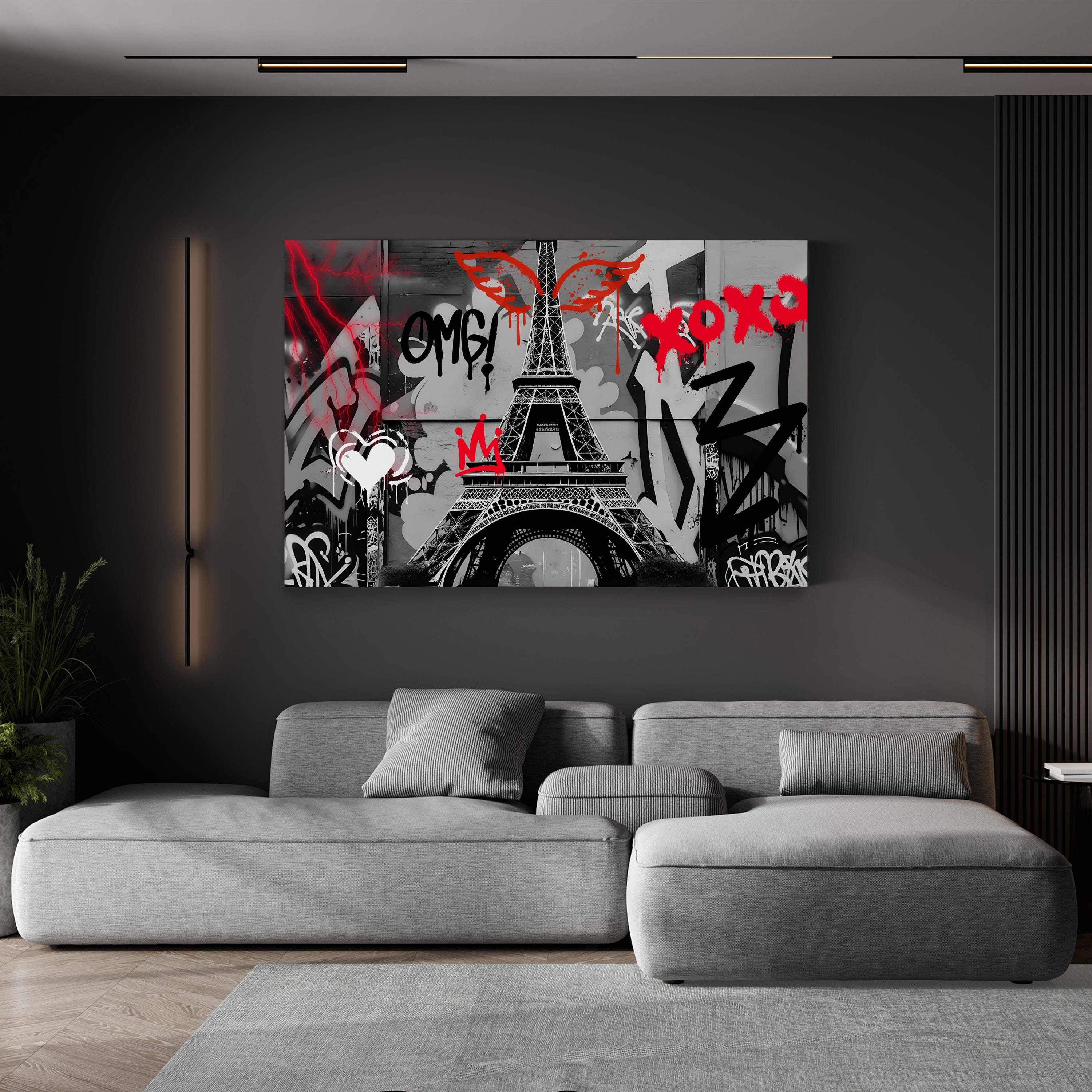 Eiffel Tower Graffiti Black & Red – Period Illustration Wall Art | Parisian Street Canvas Print