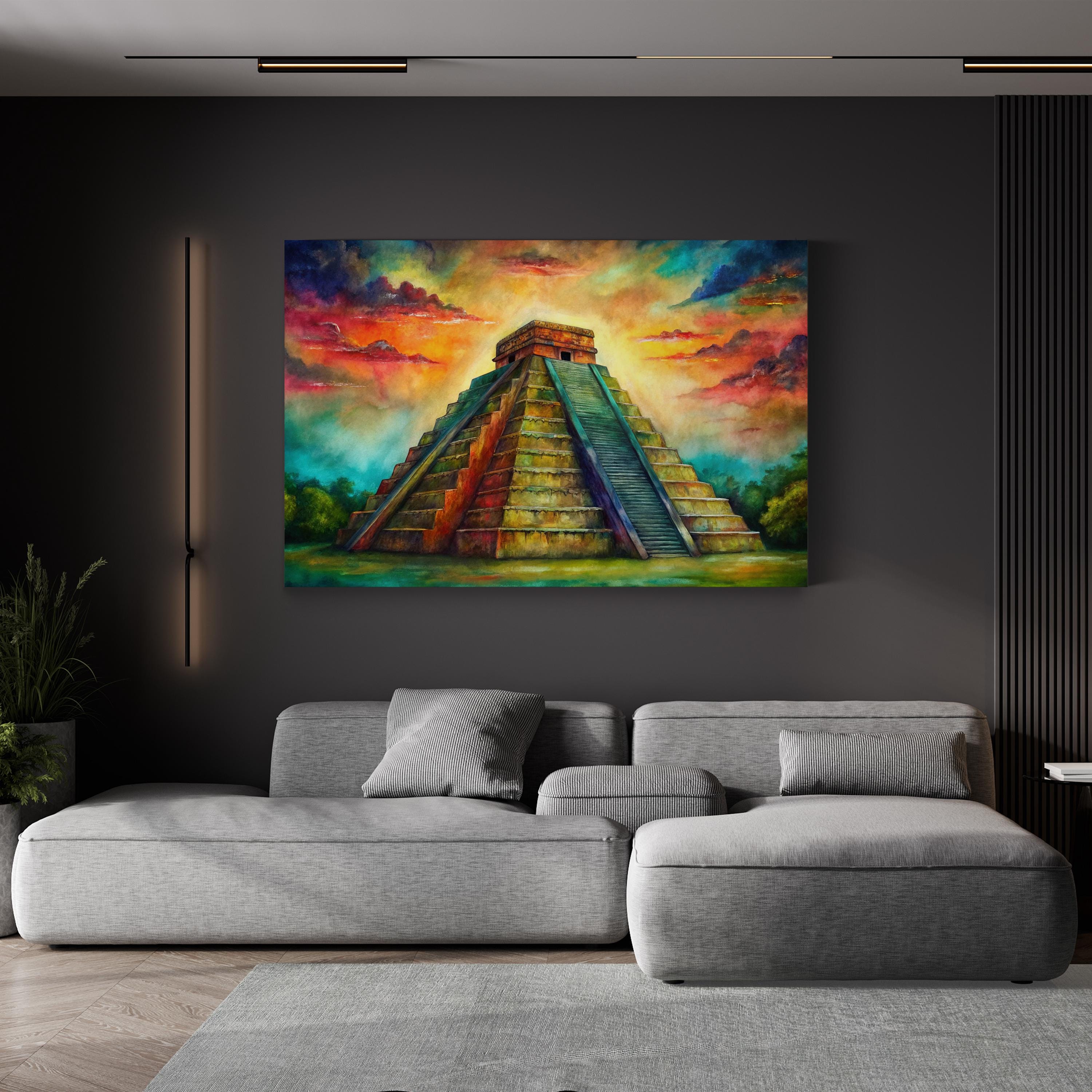 Chichen Itza El Castillo Pyramid – Period Illustration Wall Art | Mayan Architecture Canvas Print