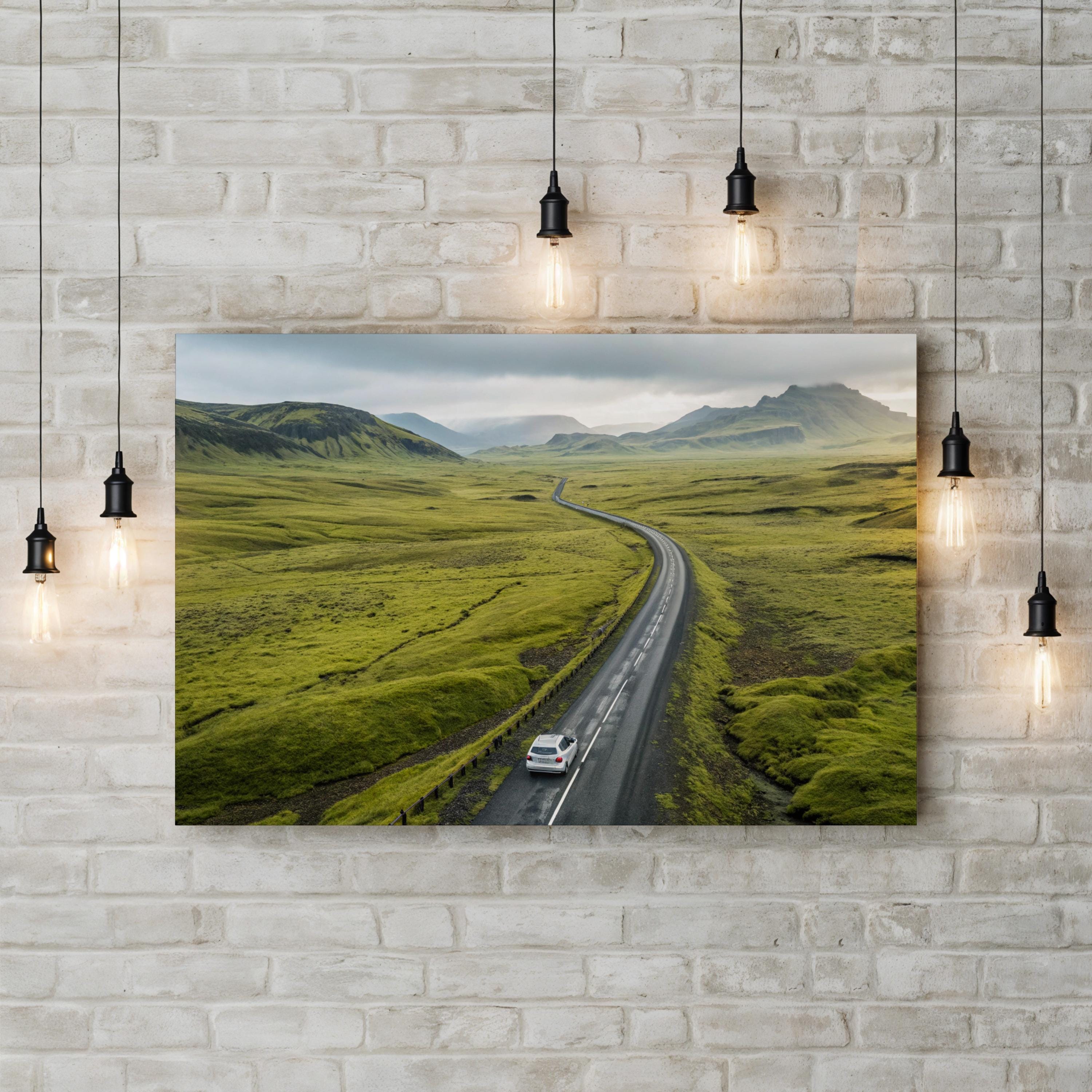 Iceland Green Valley Road – Vintage Photography Wall Art | Scenic Landscape Canvas Print