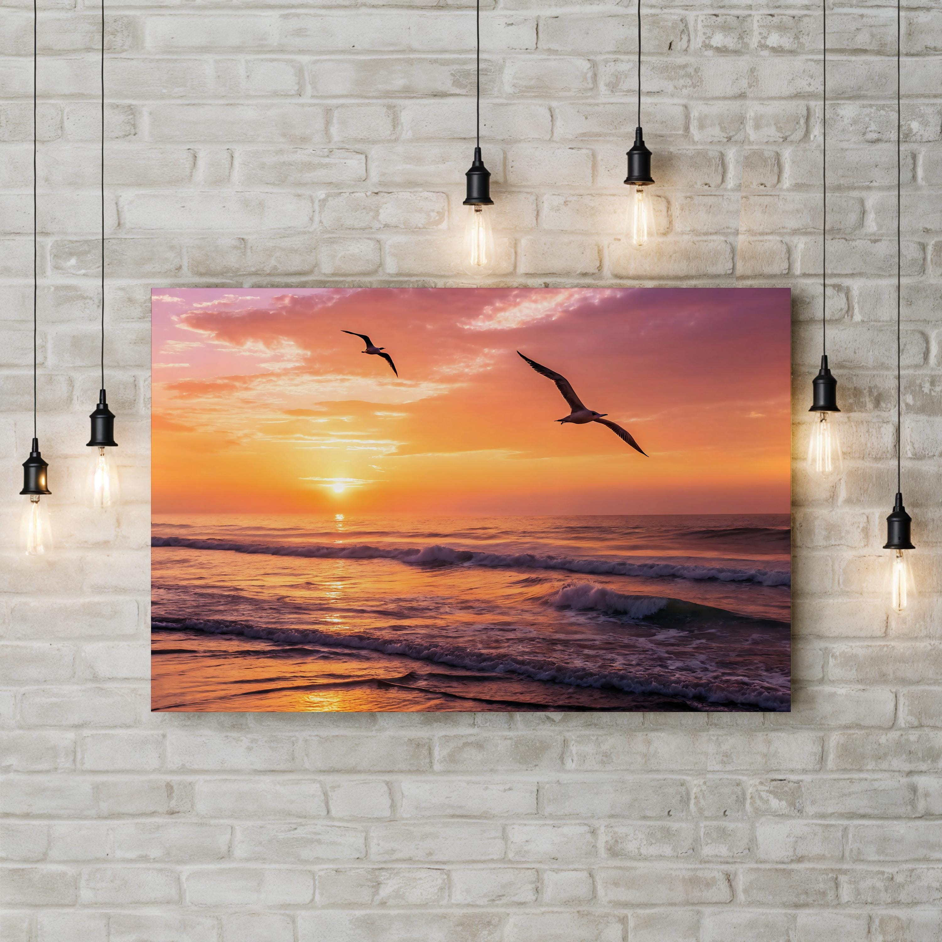 Sunset Ocean Seagulls – Vintage Photography Wall Art | Coastal Beach Canvas Print