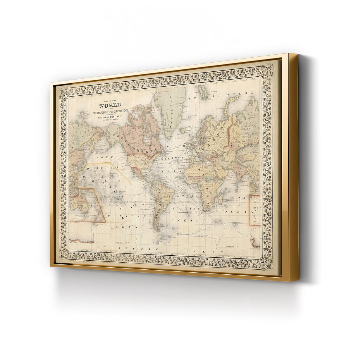 Mitchell’s Antique World Map, c. 1860 by Samuel Augustus Mitchell canvas print in Gold Framed Canvas