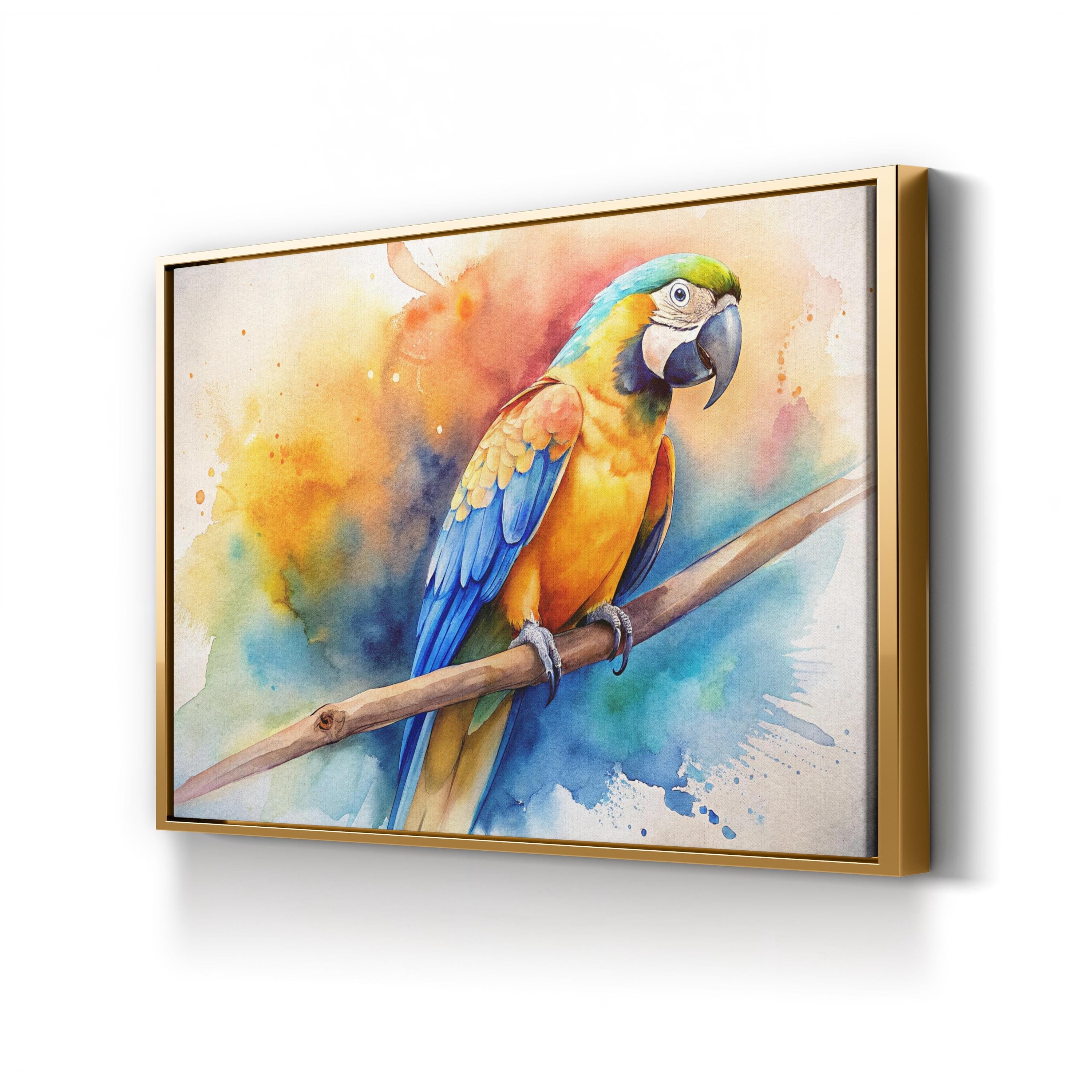 Golden Macaw Watercolor Canvas Print: Framed Parrot Wall Art