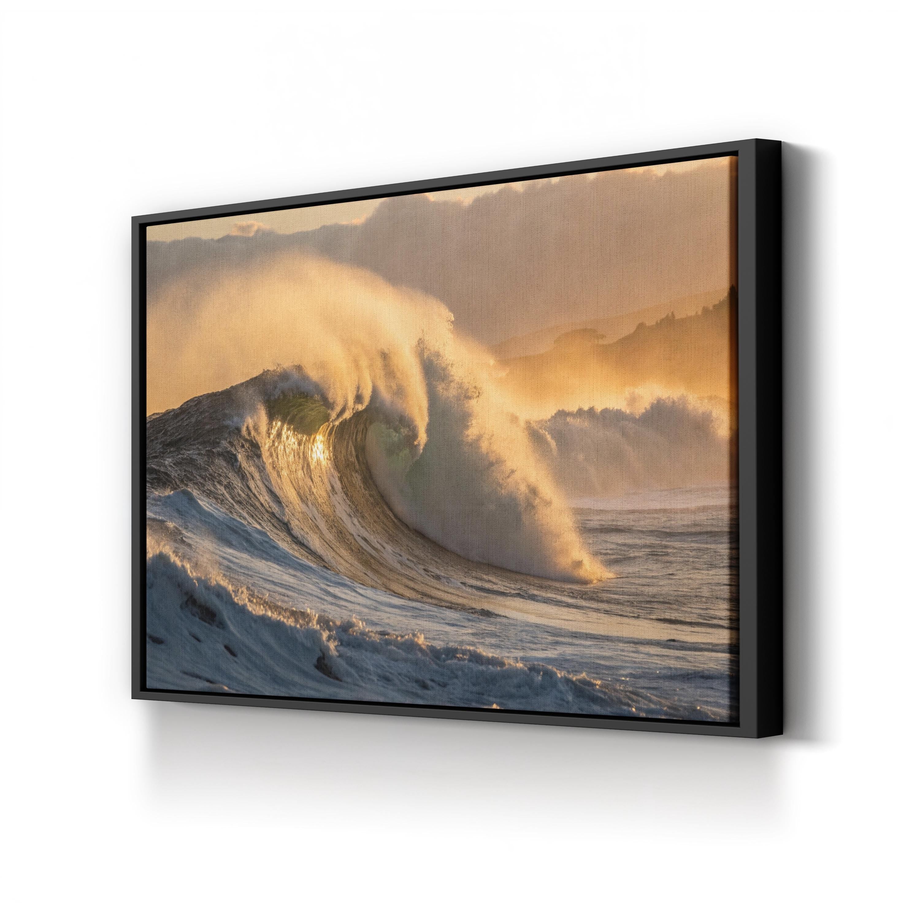 Golden Hour Ocean Wave Canvas Wall Art: Coastal Landscape Nautical Seascape Print