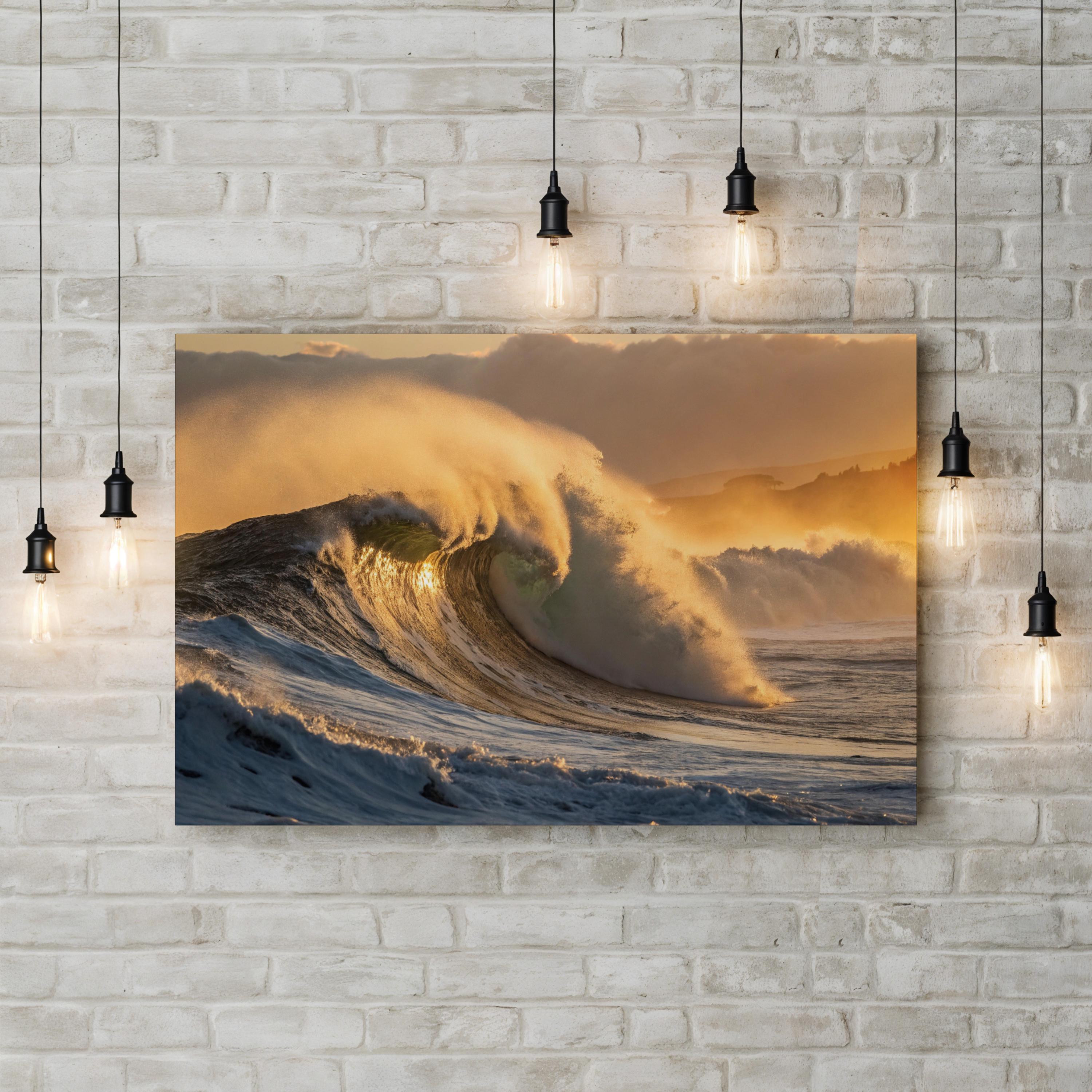 Golden Hour Ocean Wave Canvas Wall Art: Coastal Landscape Nautical Seascape Print