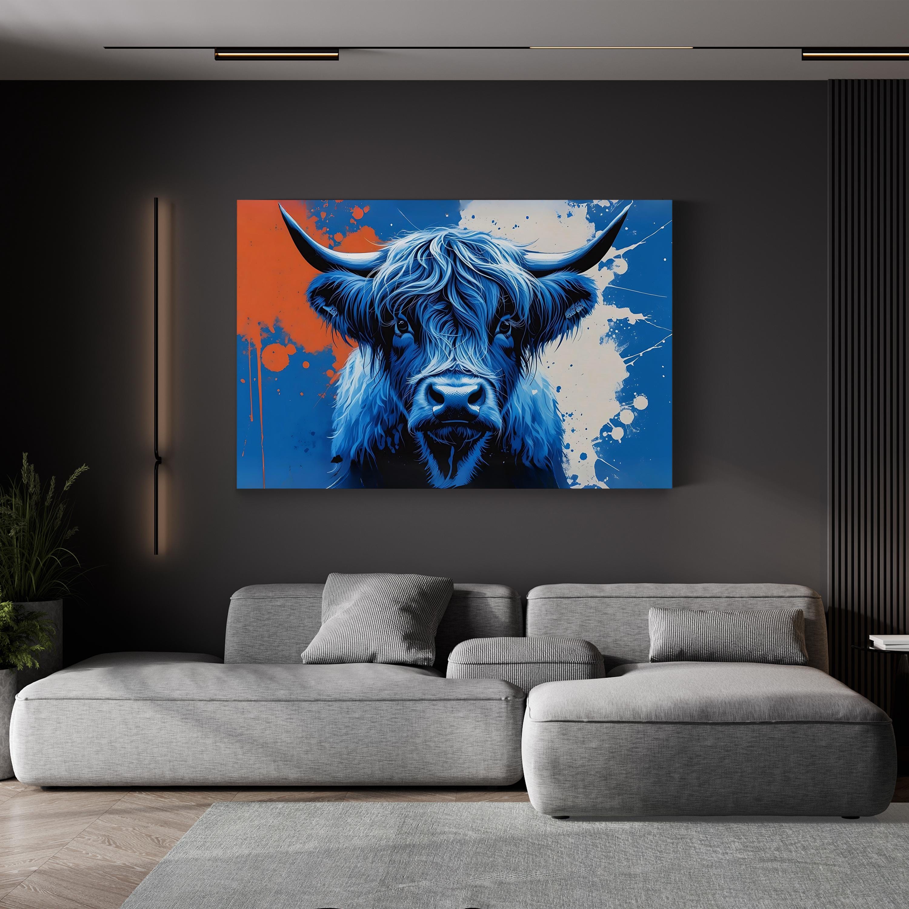 Highland Cow Canvas – Abstract Blue Animal Wall Art