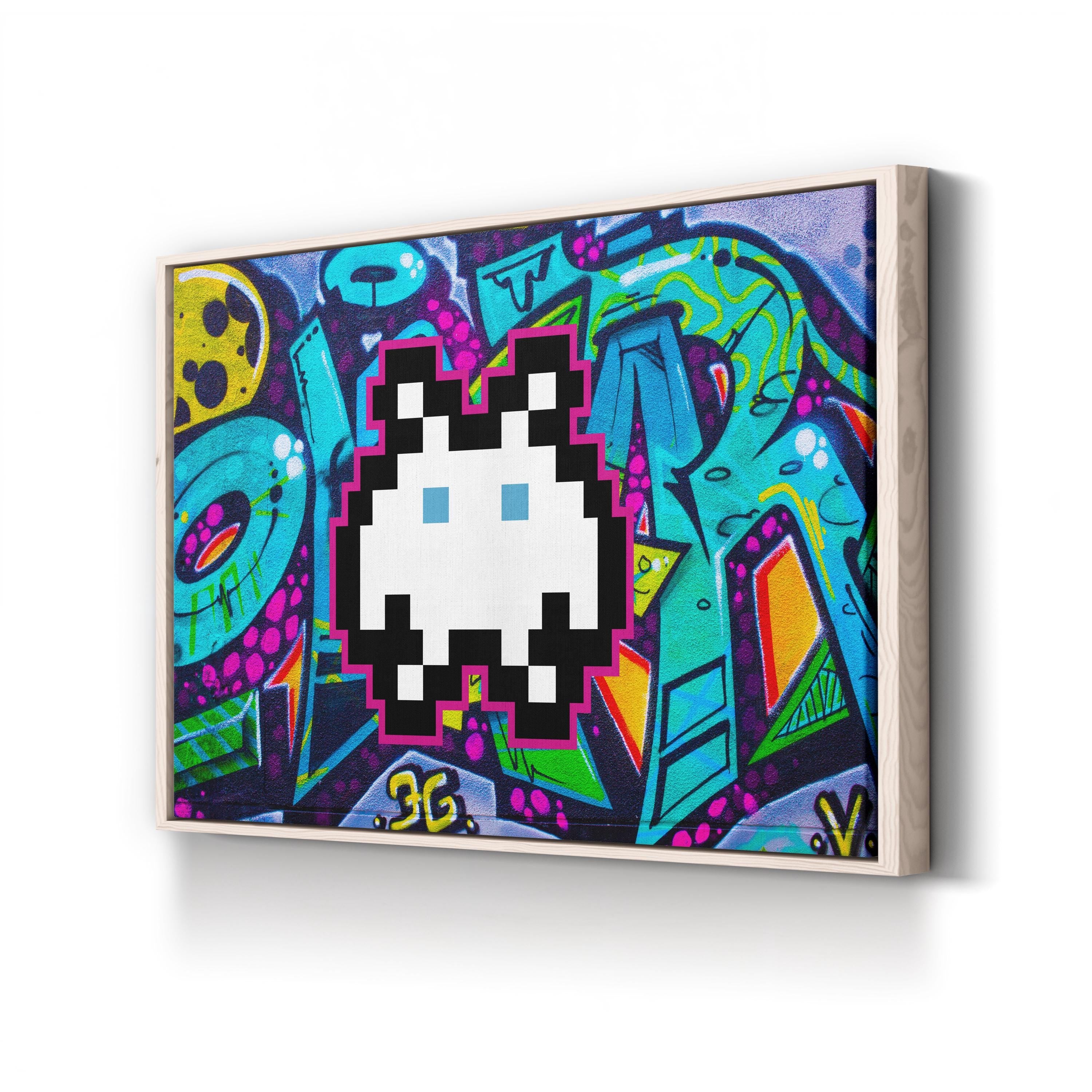 Graffiti Space Invader – Period Illustration Wall Art | Retro Pixel Canvas Print