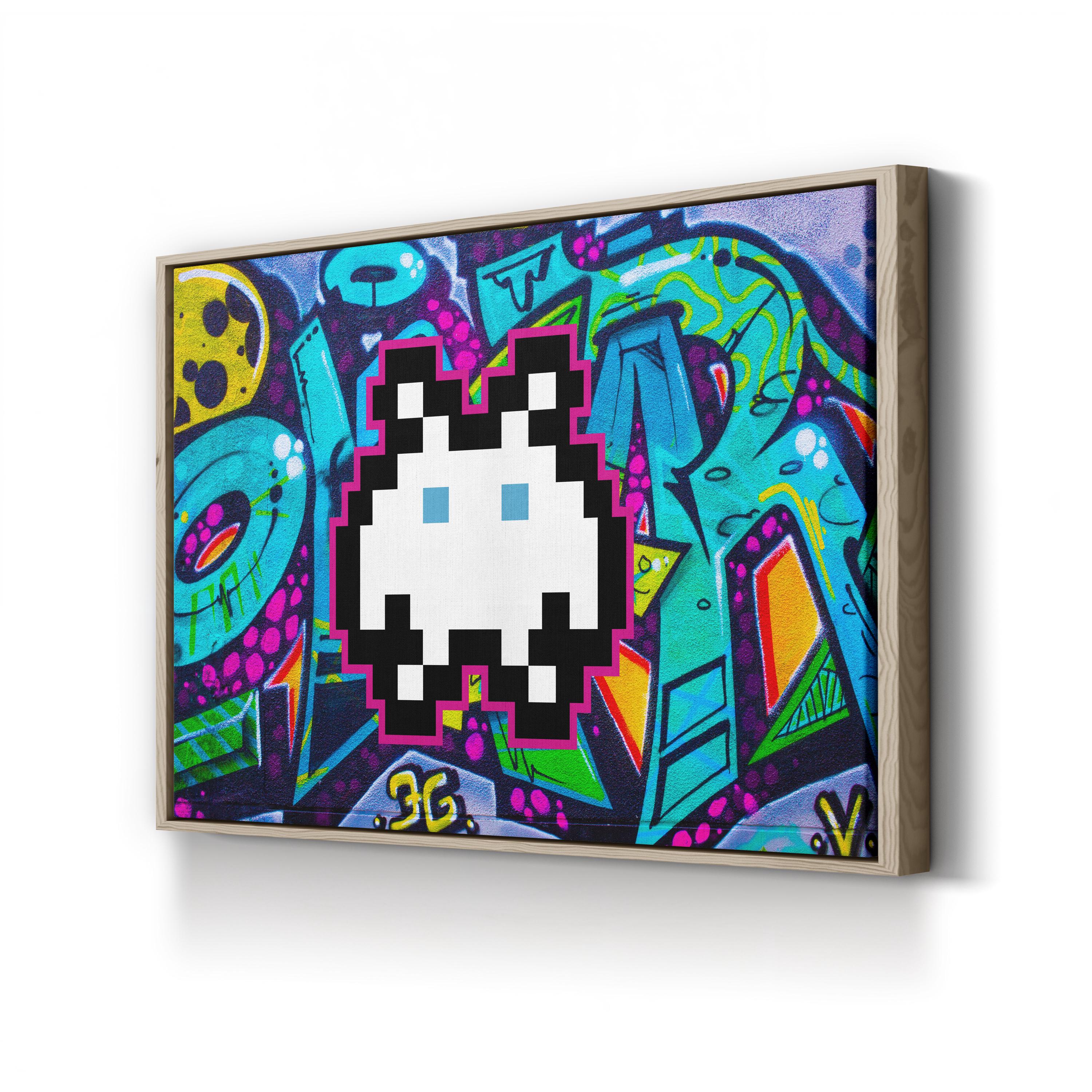Graffiti Space Invader – Period Illustration Wall Art | Retro Pixel Canvas Print