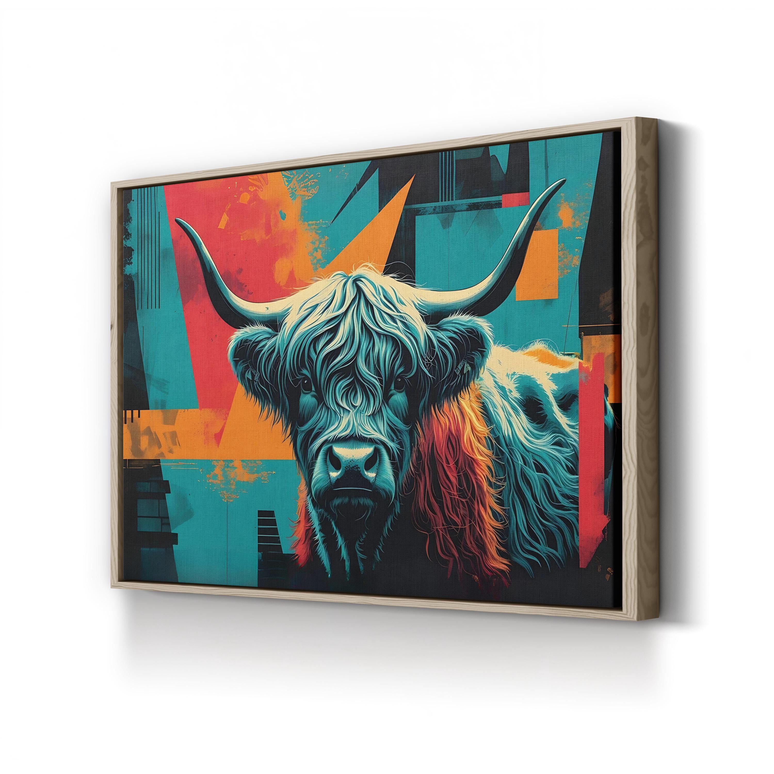 Highland Cow – Period Illustration Wall Art | Rustic Teal & Orange Canvas Print