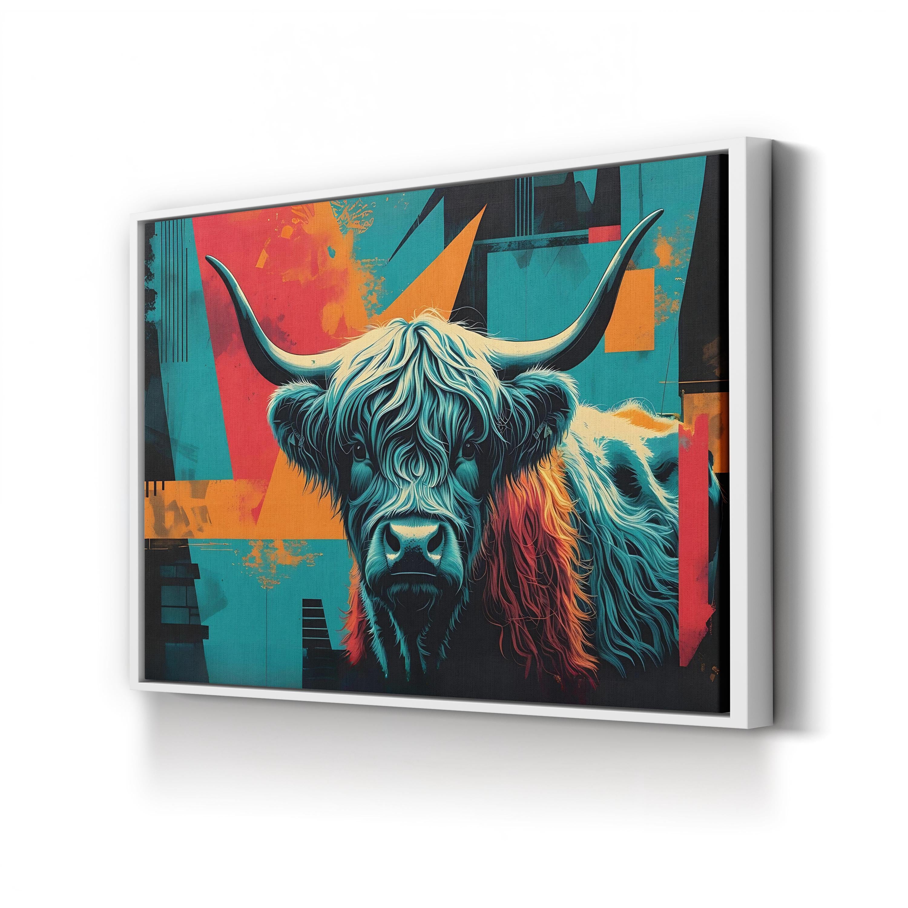 Highland Cow – Period Illustration Wall Art | Rustic Teal & Orange Canvas Print