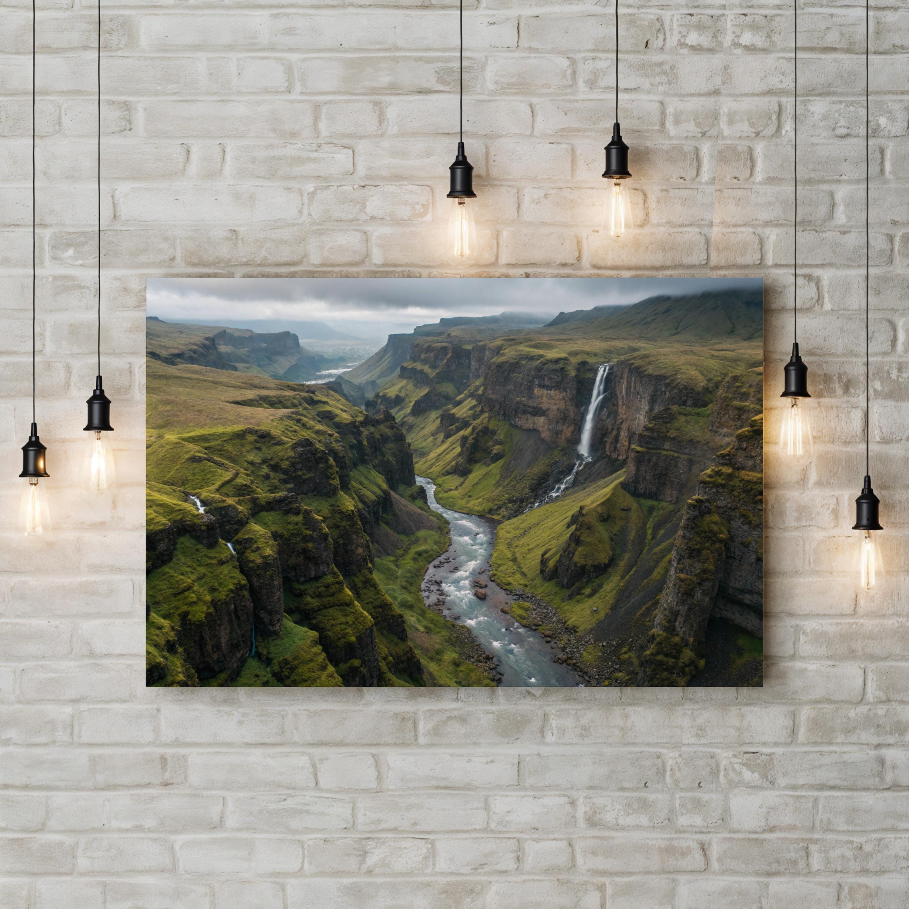 Iceland Green Canyon Waterfall – Vintage Photography Wall Art | Majestic Landscape Canvas Print