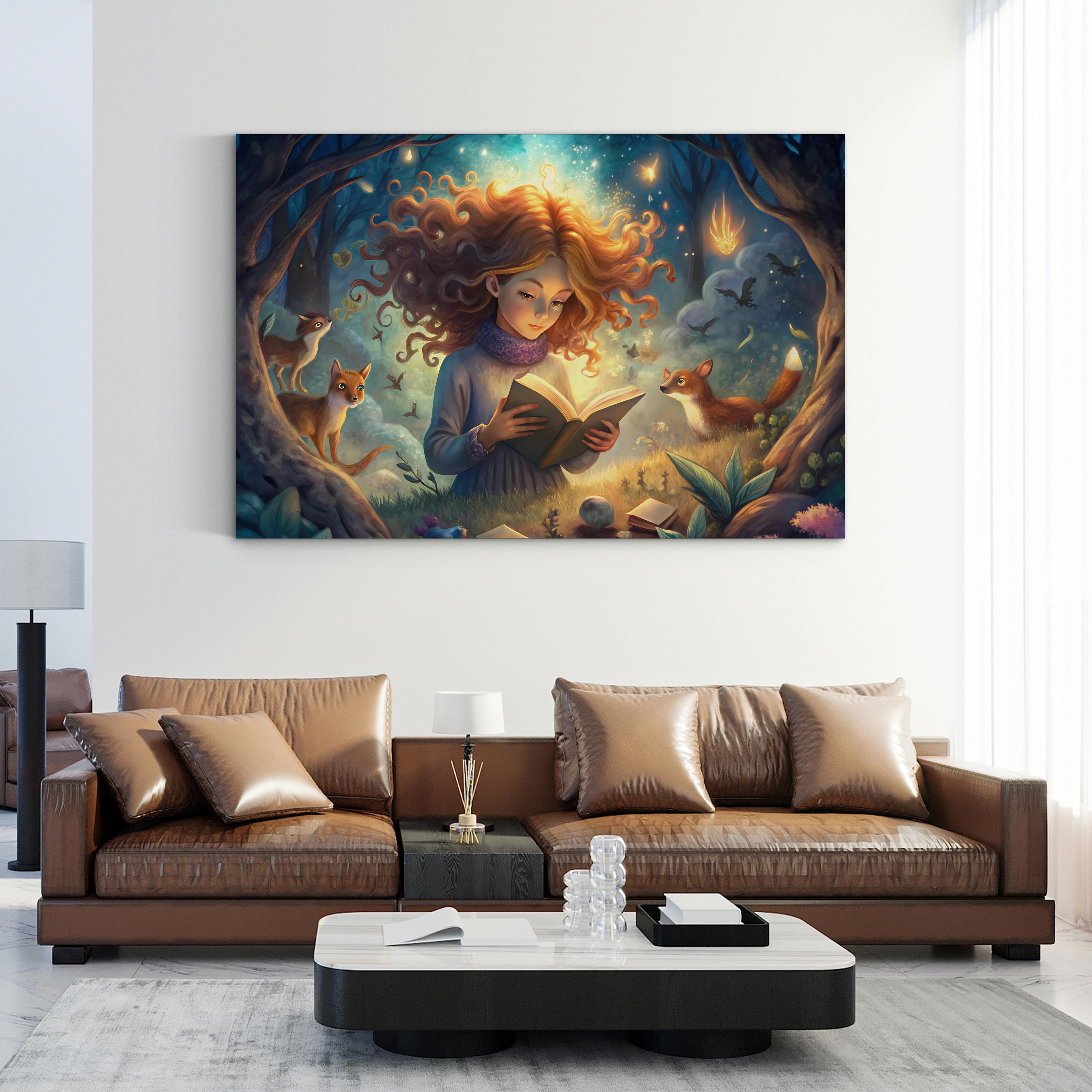 Girl Reading with Forest Creatures – Period Illustration Wall Art | Fantasy Canvas Print
