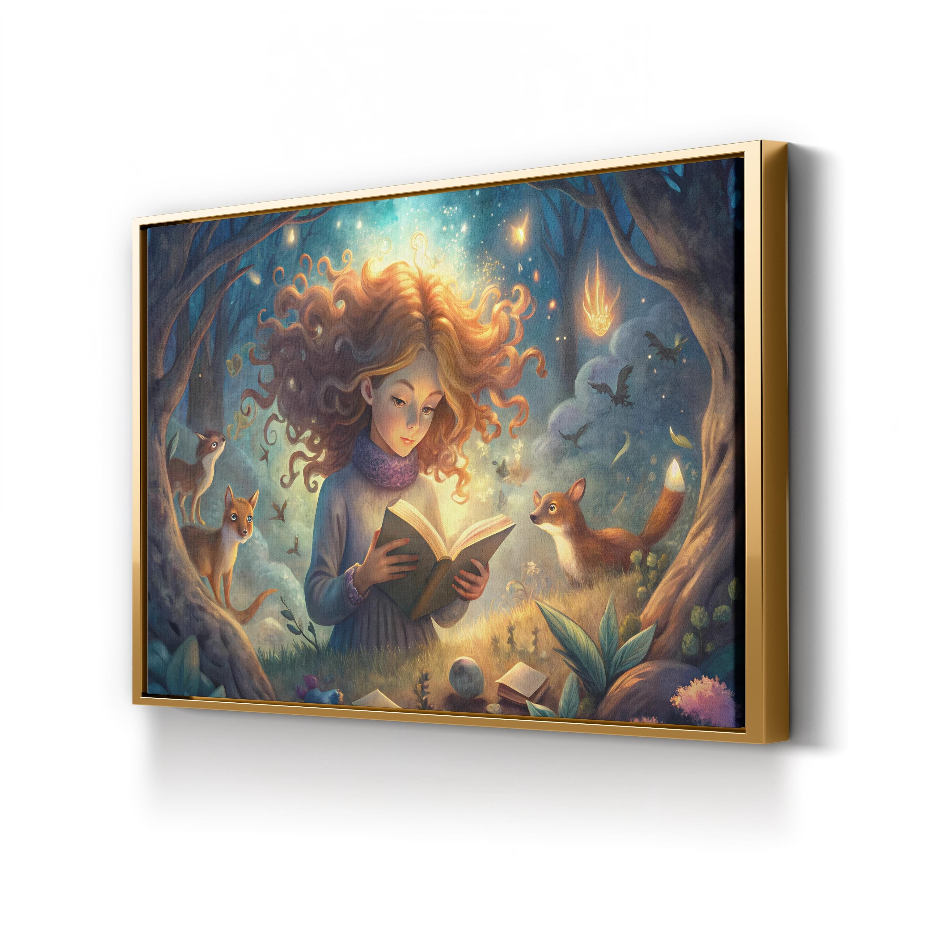 Girl Reading with Forest Creatures – Period Illustration Wall Art | Fantasy Canvas Print