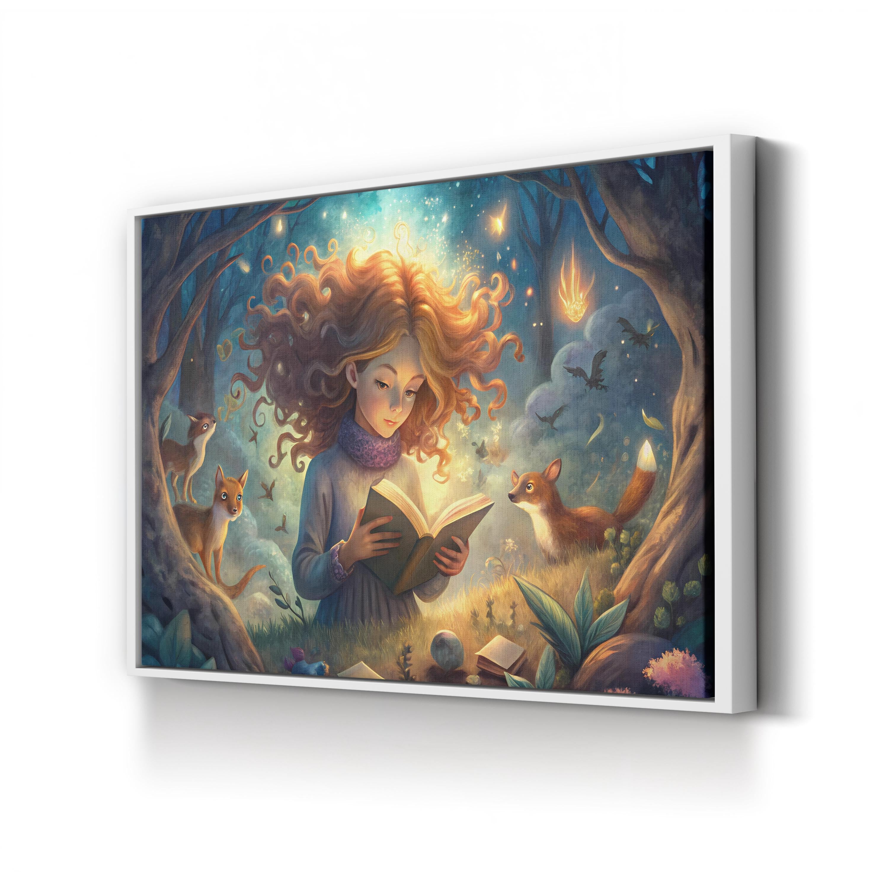 Girl Reading with Forest Creatures – Period Illustration Wall Art | Fantasy Canvas Print
