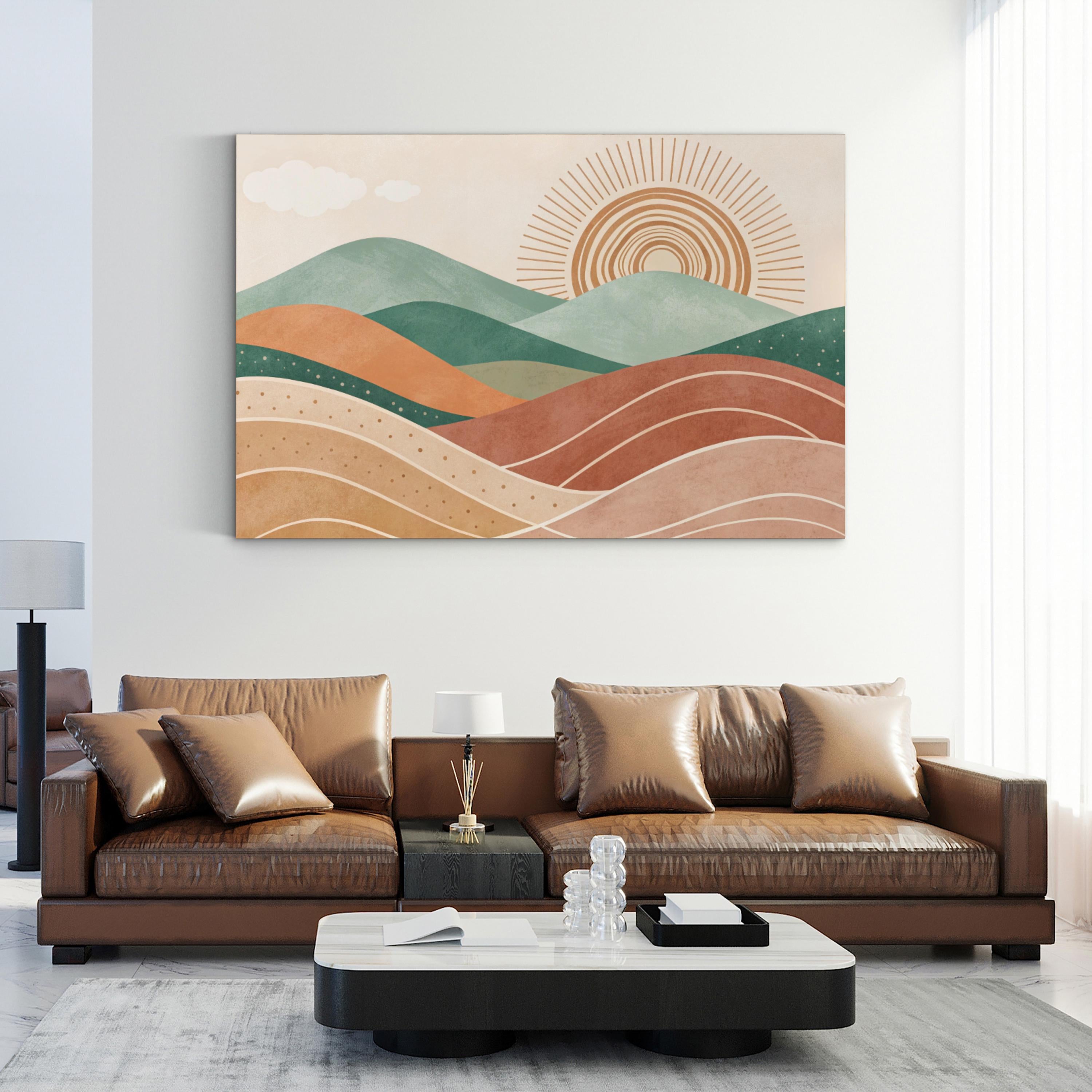 Abstract Sunset Hills – Period Illustration Wall Art | Jade & Terracotta Bohemian Canvas Print
