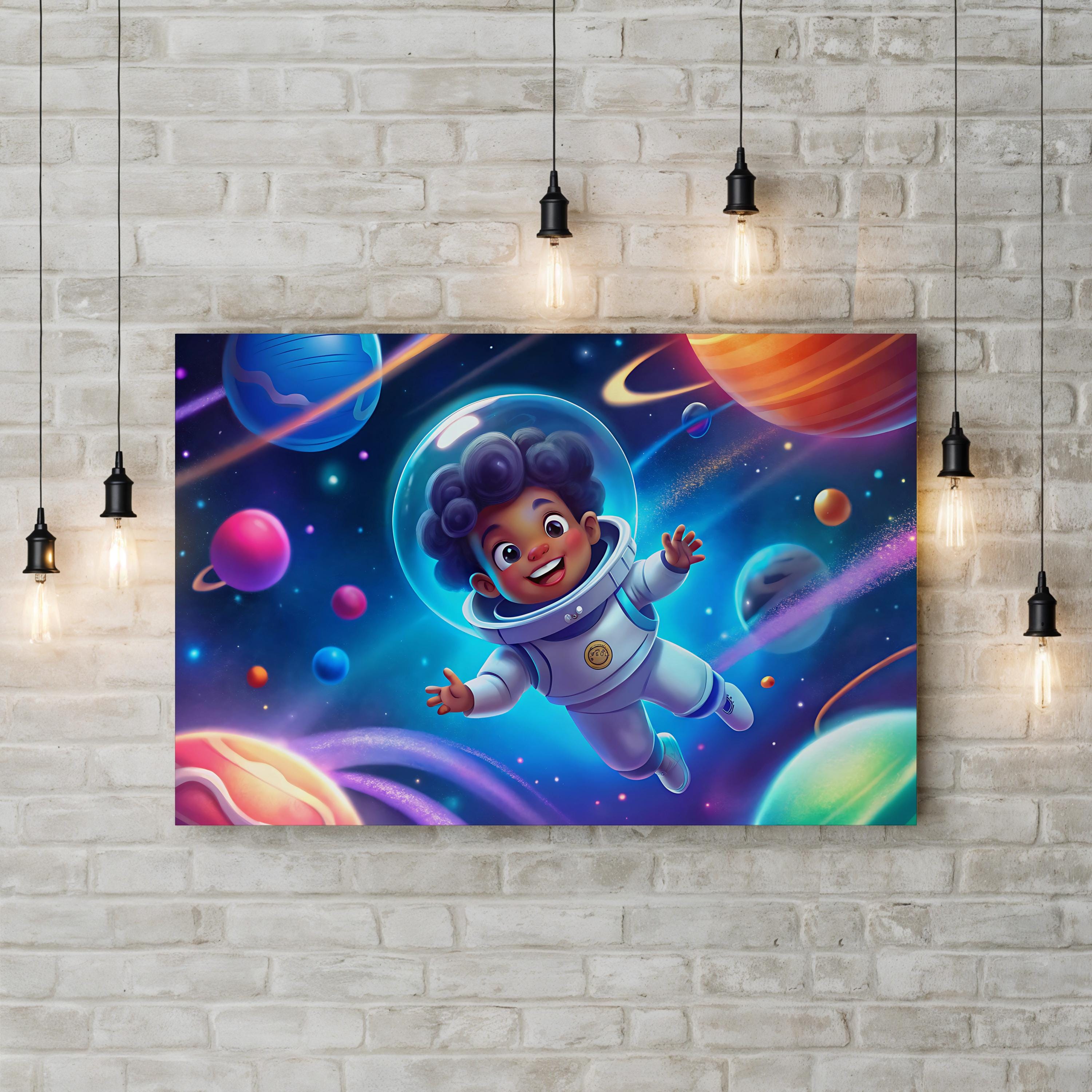 Astronaut Child Among Planets – Period Illustration Wall Art | Colorful Space Canvas Print