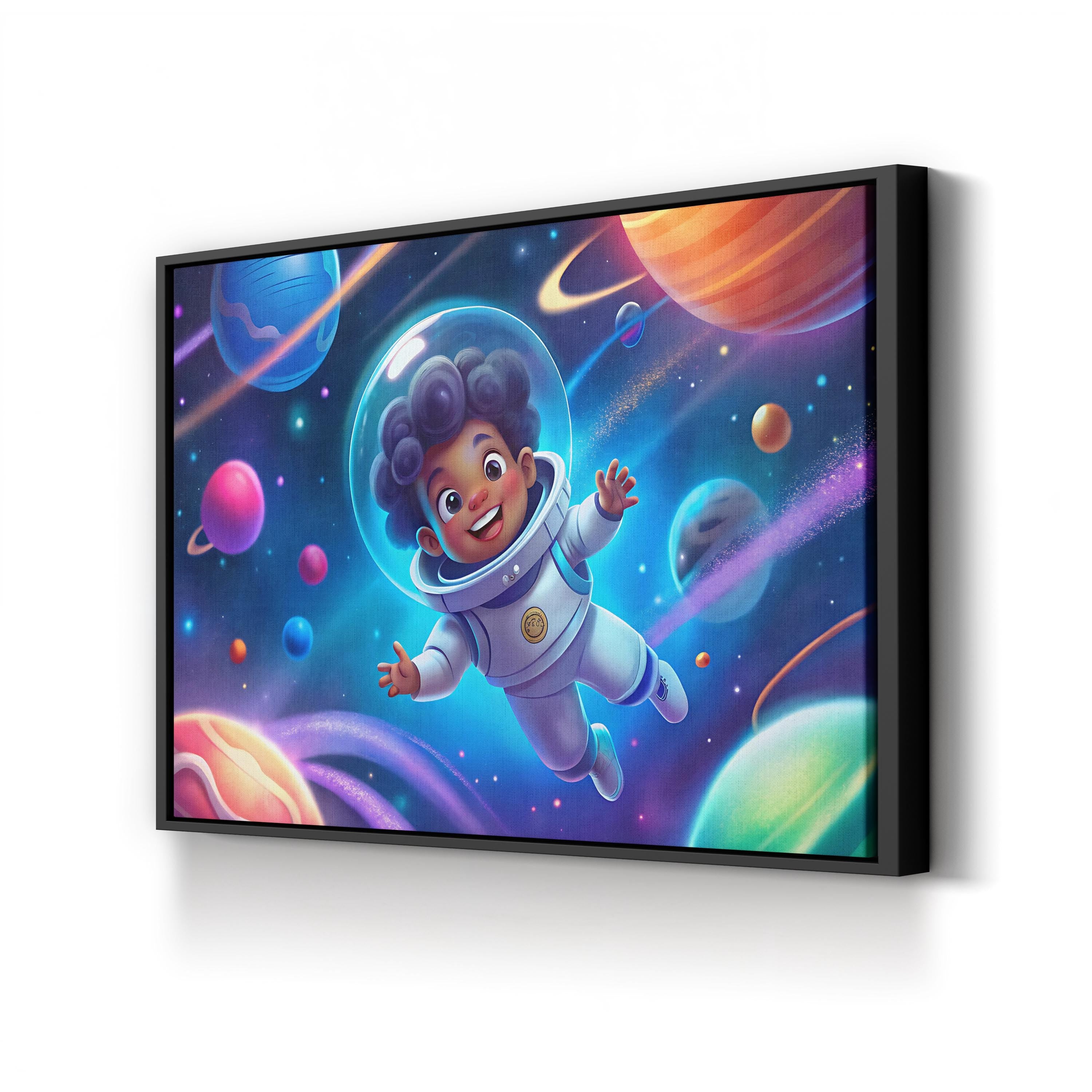 Astronaut Child Among Planets – Period Illustration Wall Art | Colorful Space Canvas Print