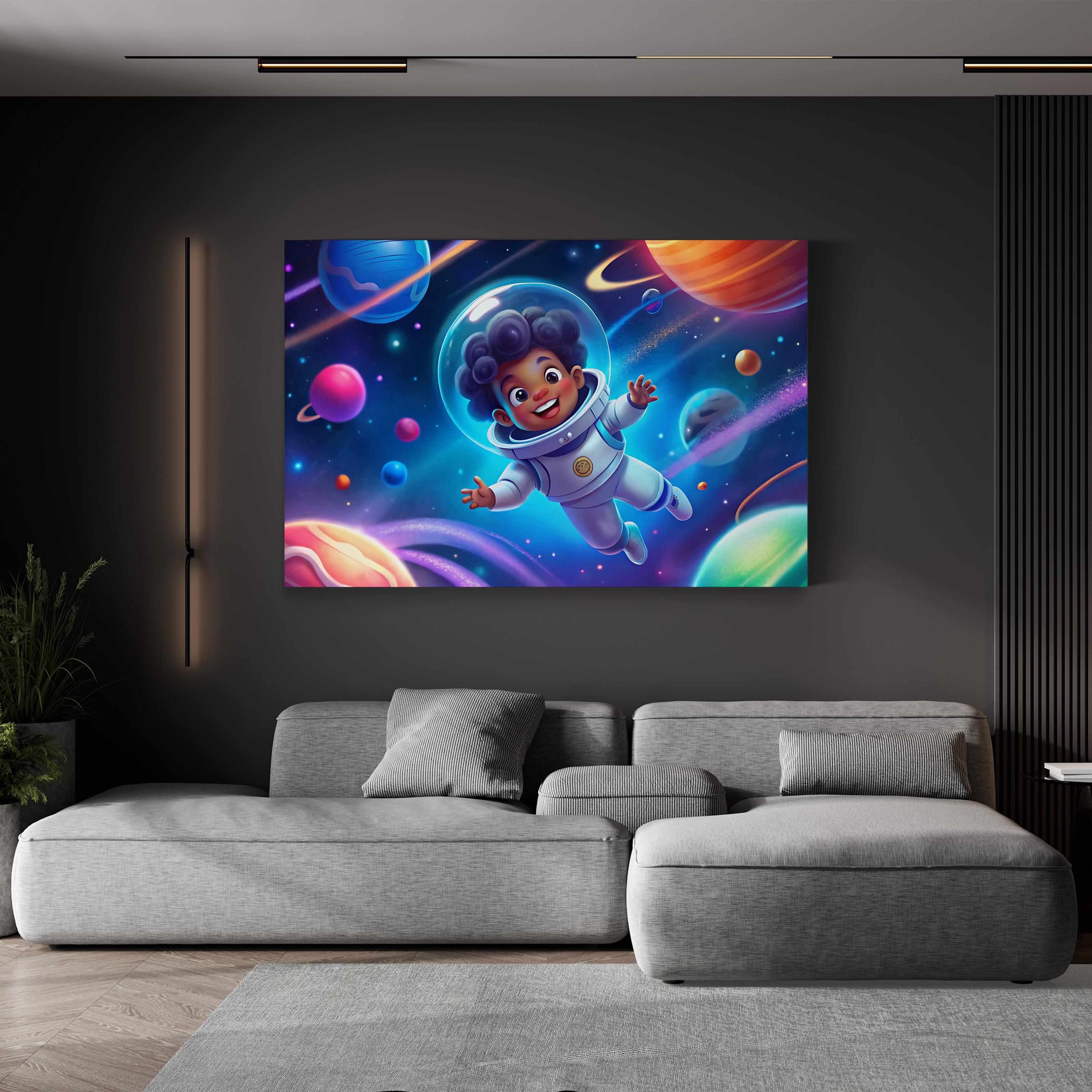 Astronaut Child Among Planets – Period Illustration Wall Art | Colorful Space Canvas Print