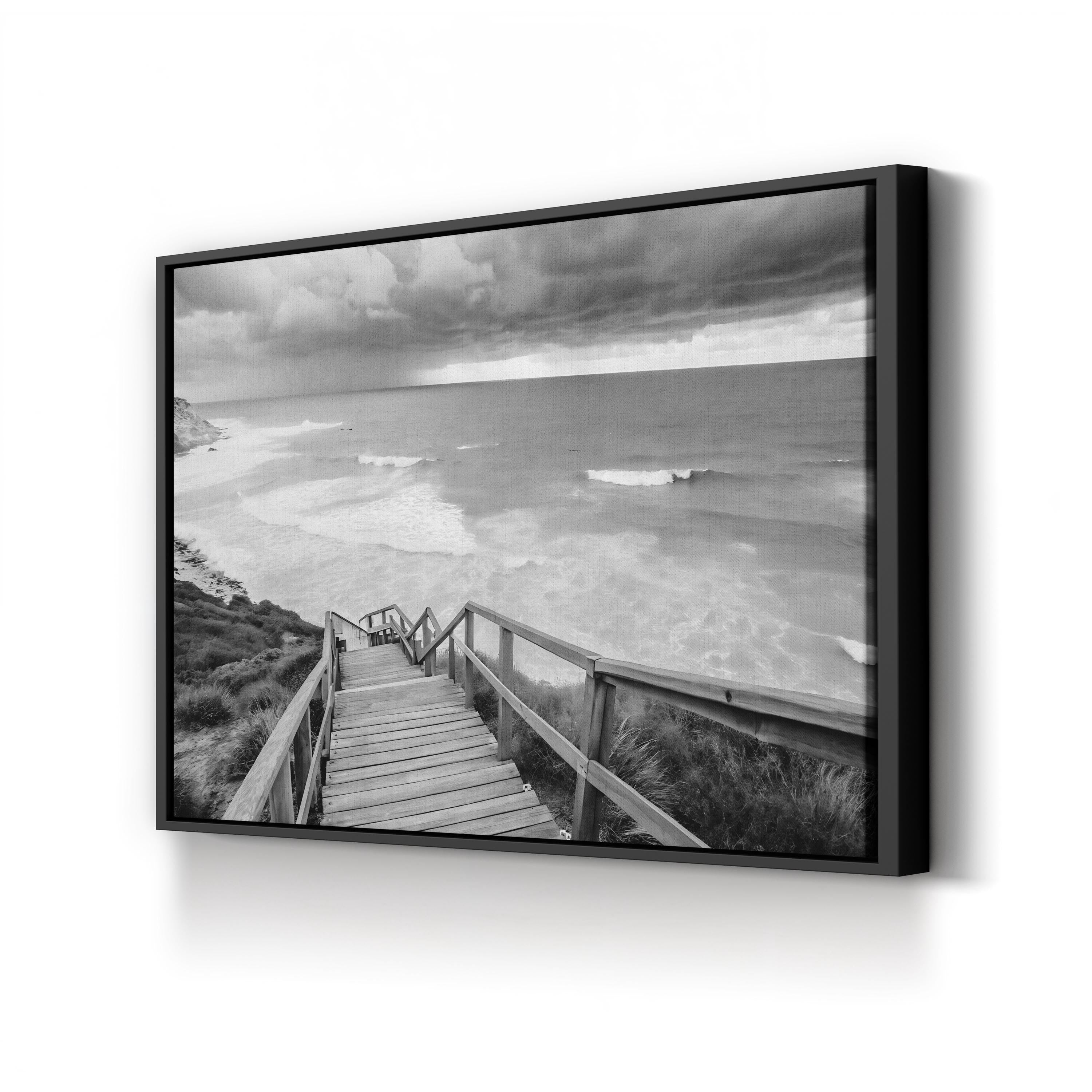 Black and White Beach Canvas Art — Coastal Ocean Photography