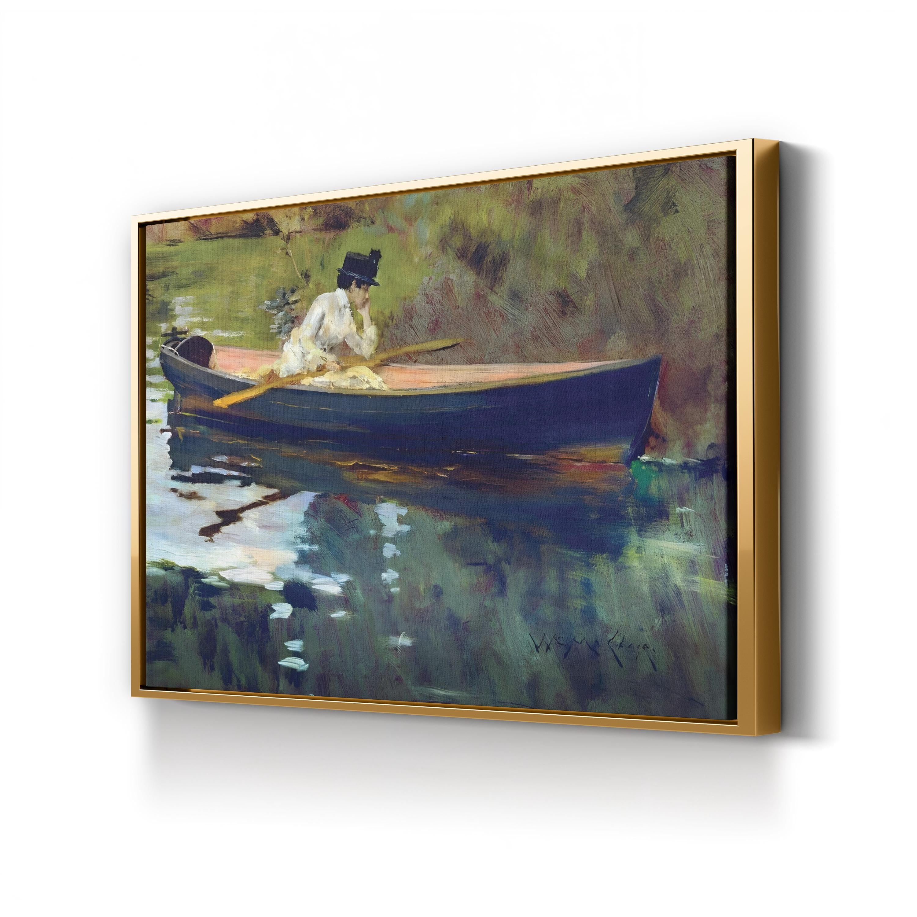Framed painting of a woman in a blue rowboat on a lake