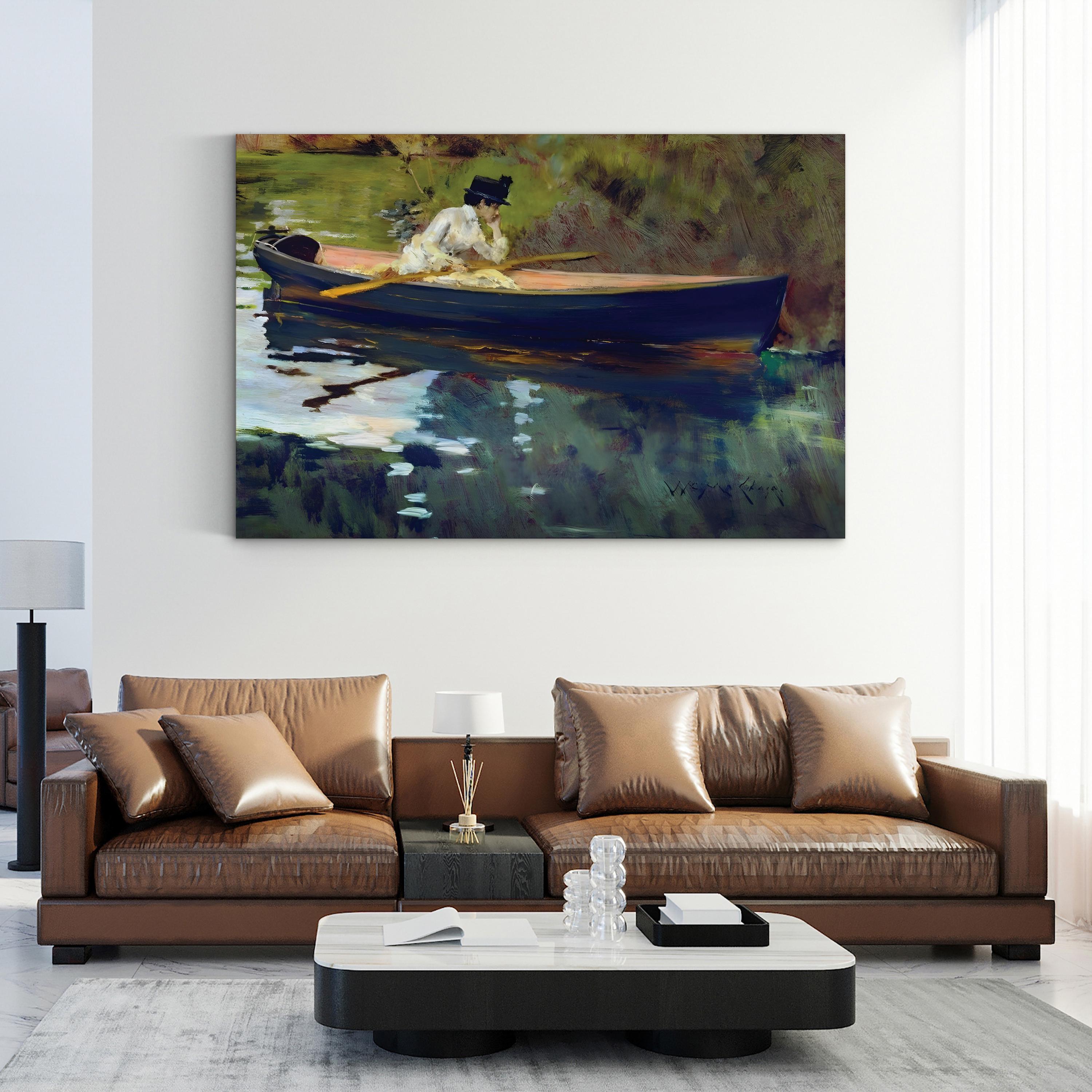 Living room with a brown leather sofa and a painting of a woman in a boat on the wall.