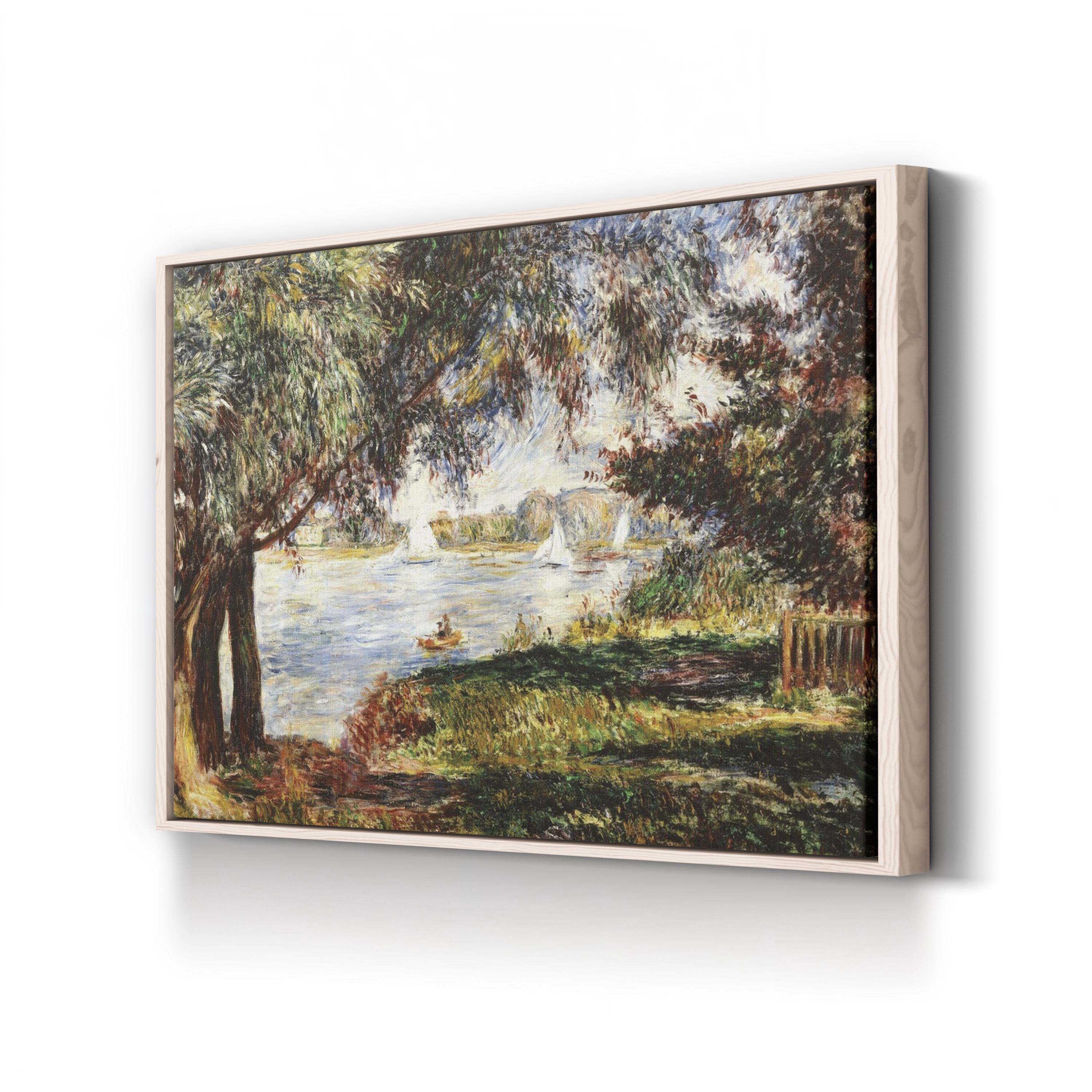 Framed painting of a landscape with trees and water on a white wall