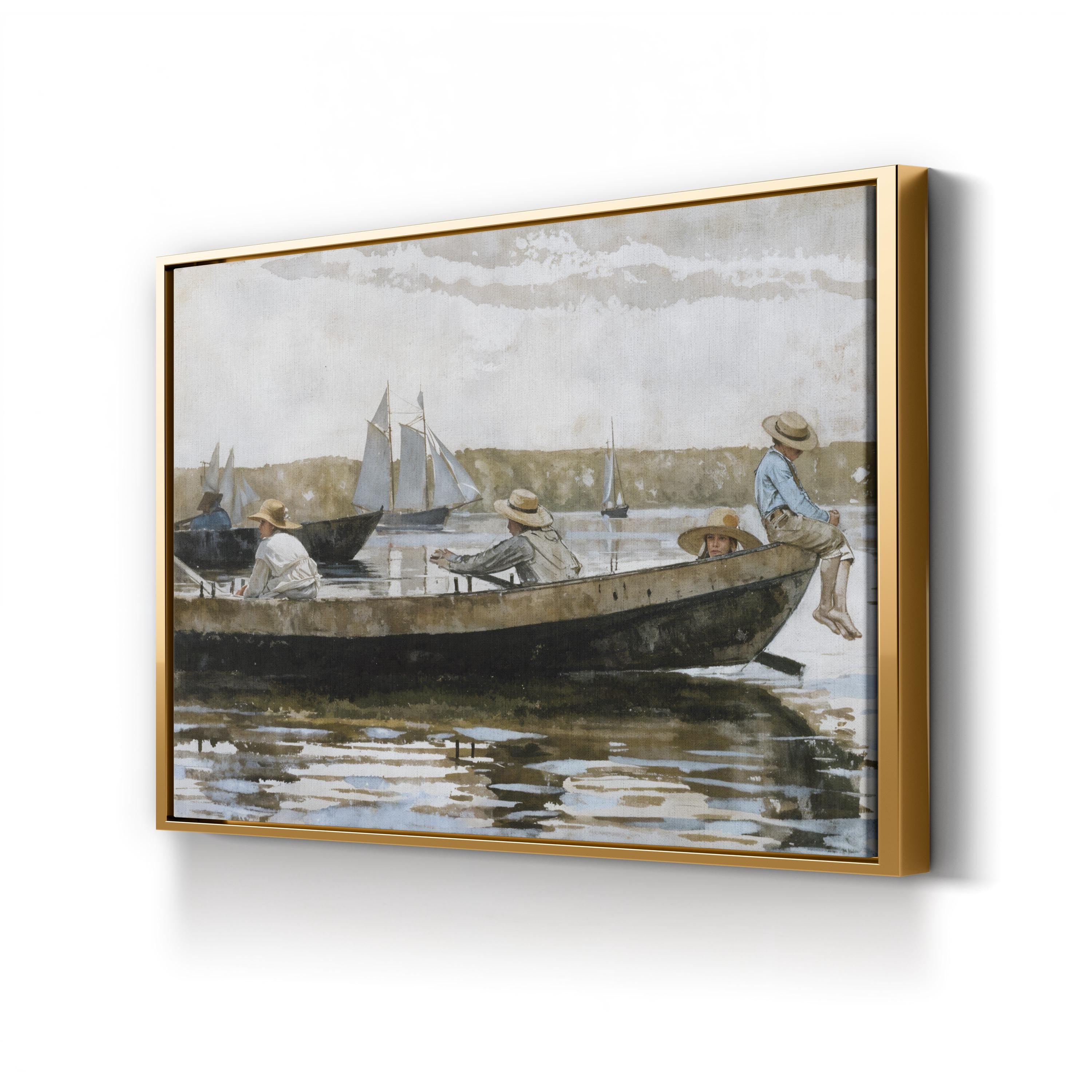 Warship at Sea in the Mist canvas print in Gold frame