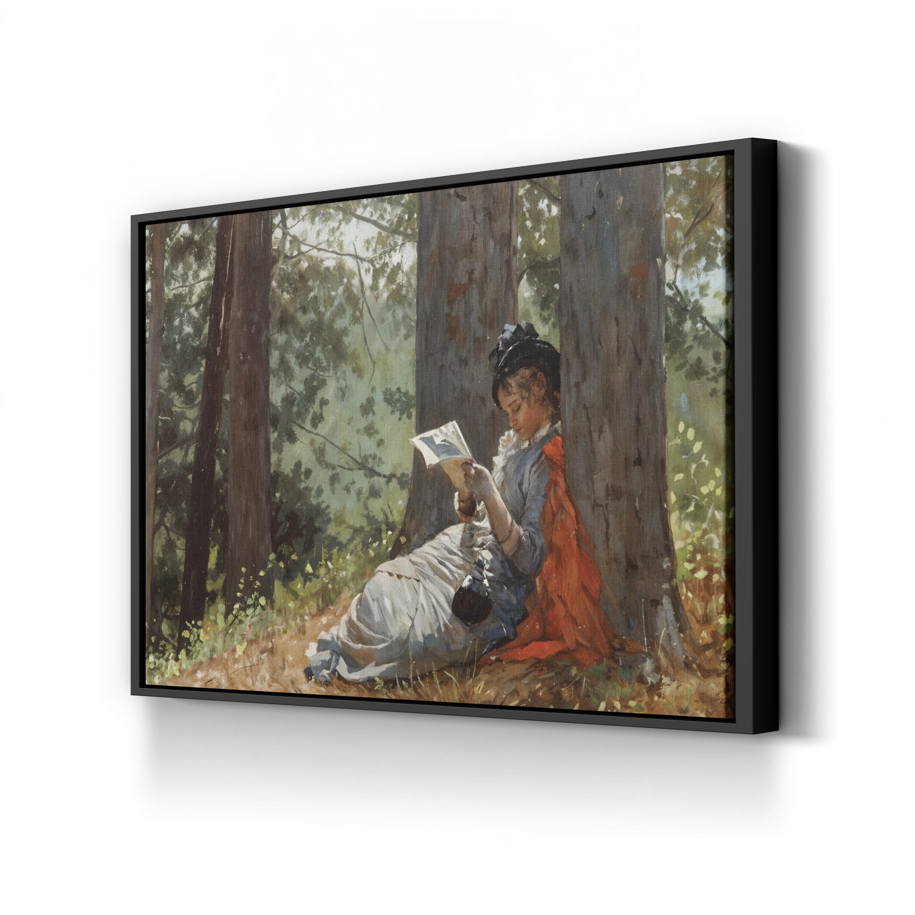 Girl Reading Under an Oak Tree, c. 1879 by Winslow Homer canvas print in a black frame