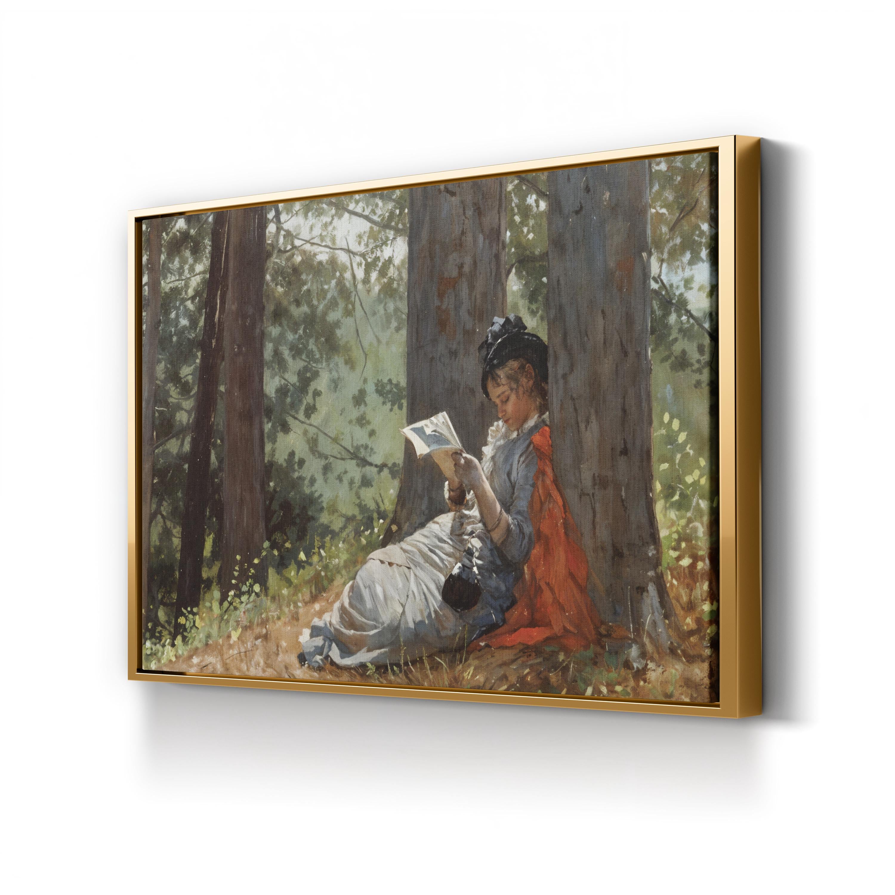 Girl Reading Under an Oak Tree, c. 1879 by Winslow Homer canvas print in a gold frame