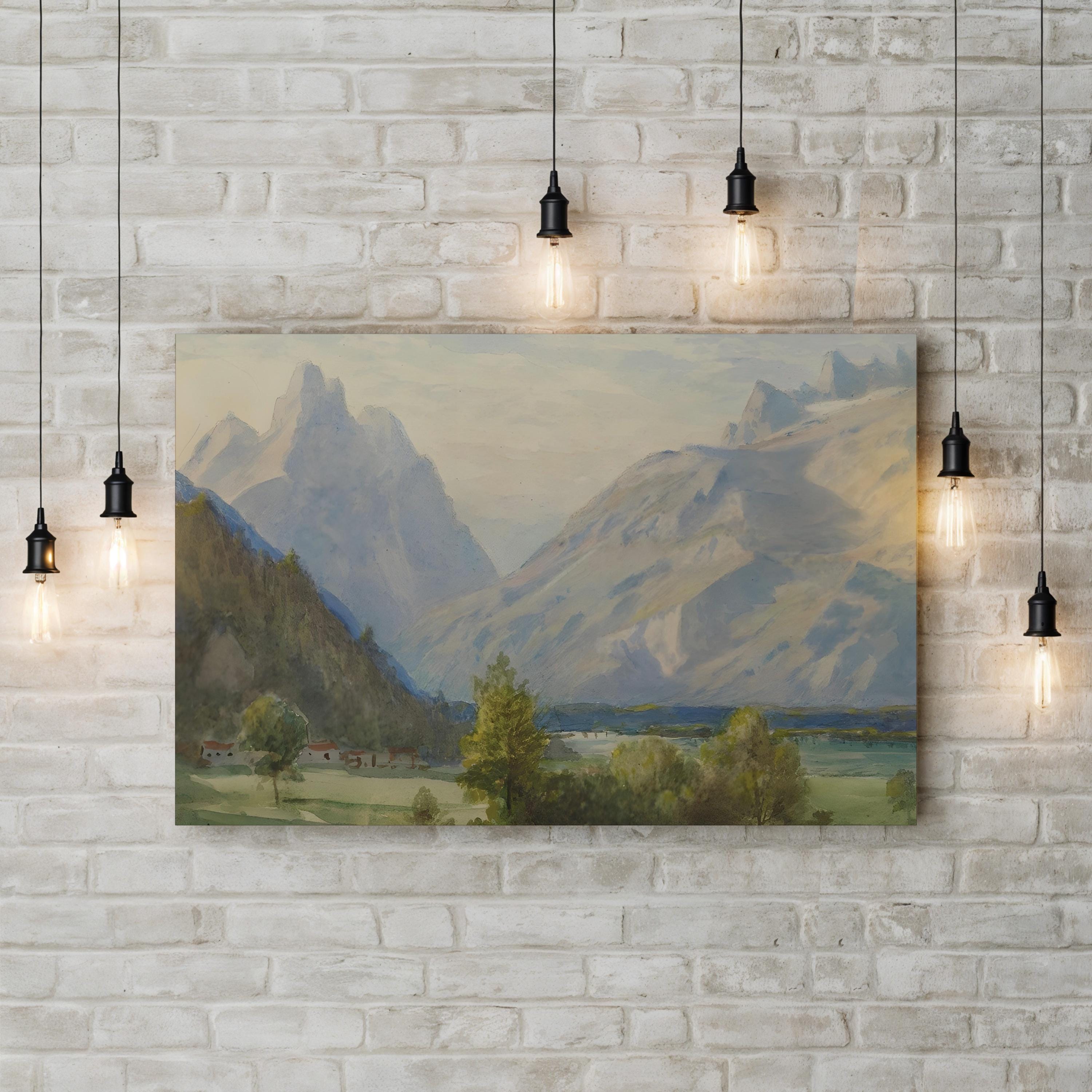 Vintage Mountain View – Period Illustration Wall Art | Watercolor Landscape Canvas Print