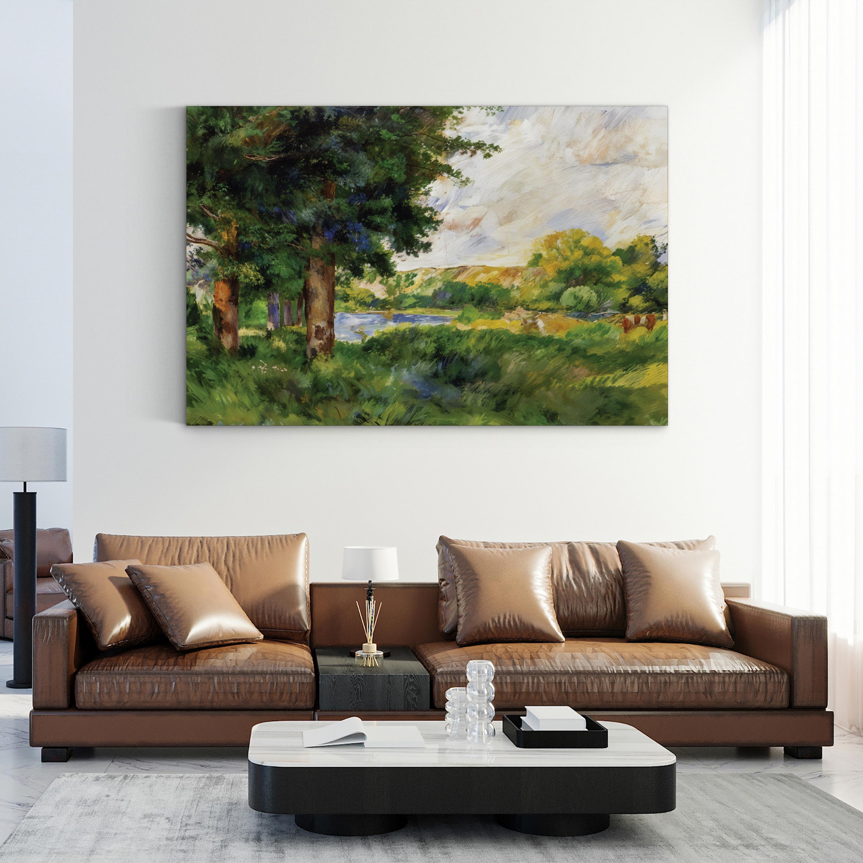 Scenic Landscape Canvas Wall Art – Classical Nature Painting with Hand-Cut Wood Frame