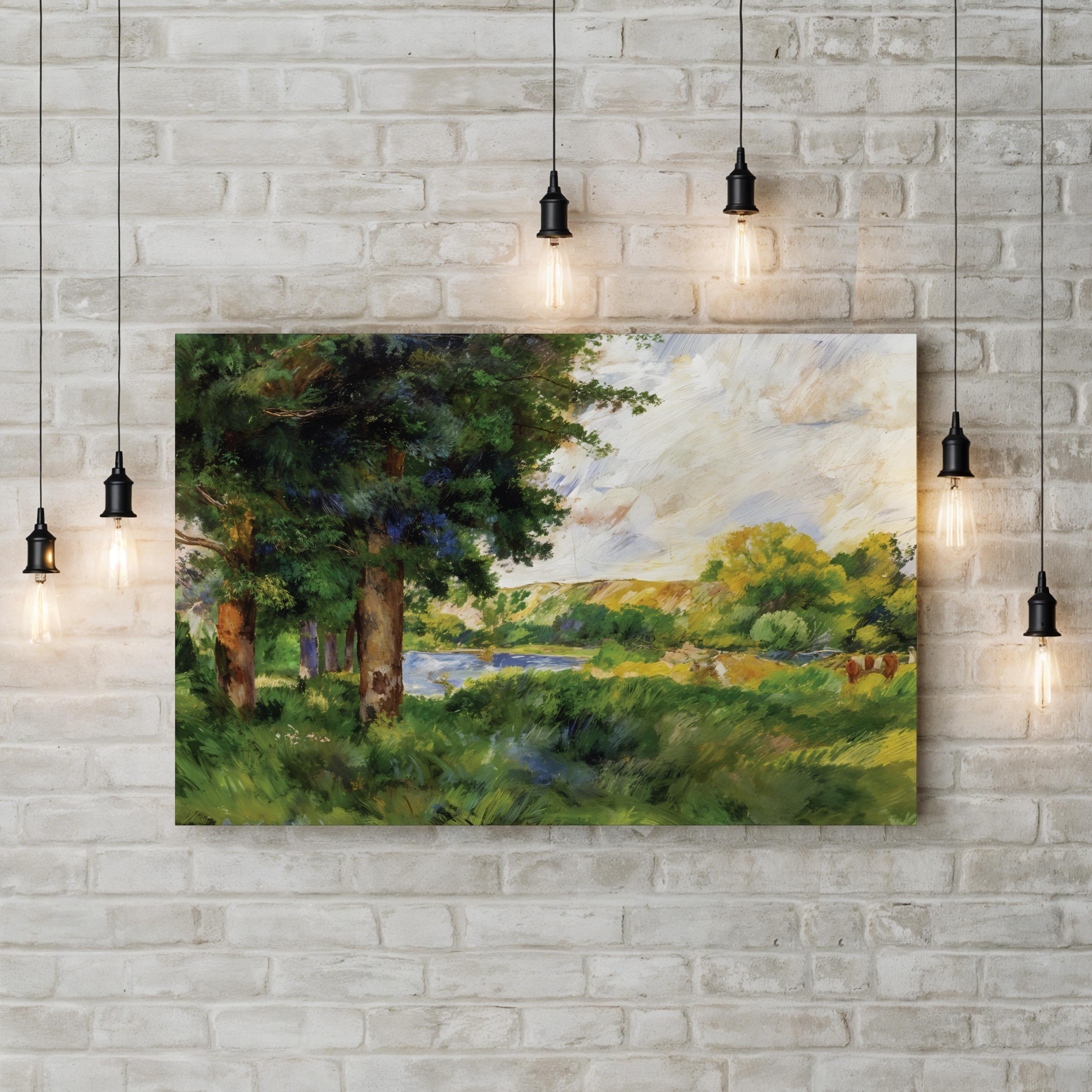 Scenic Landscape Canvas Wall Art – Classical Nature Painting with Hand-Cut Wood Frame