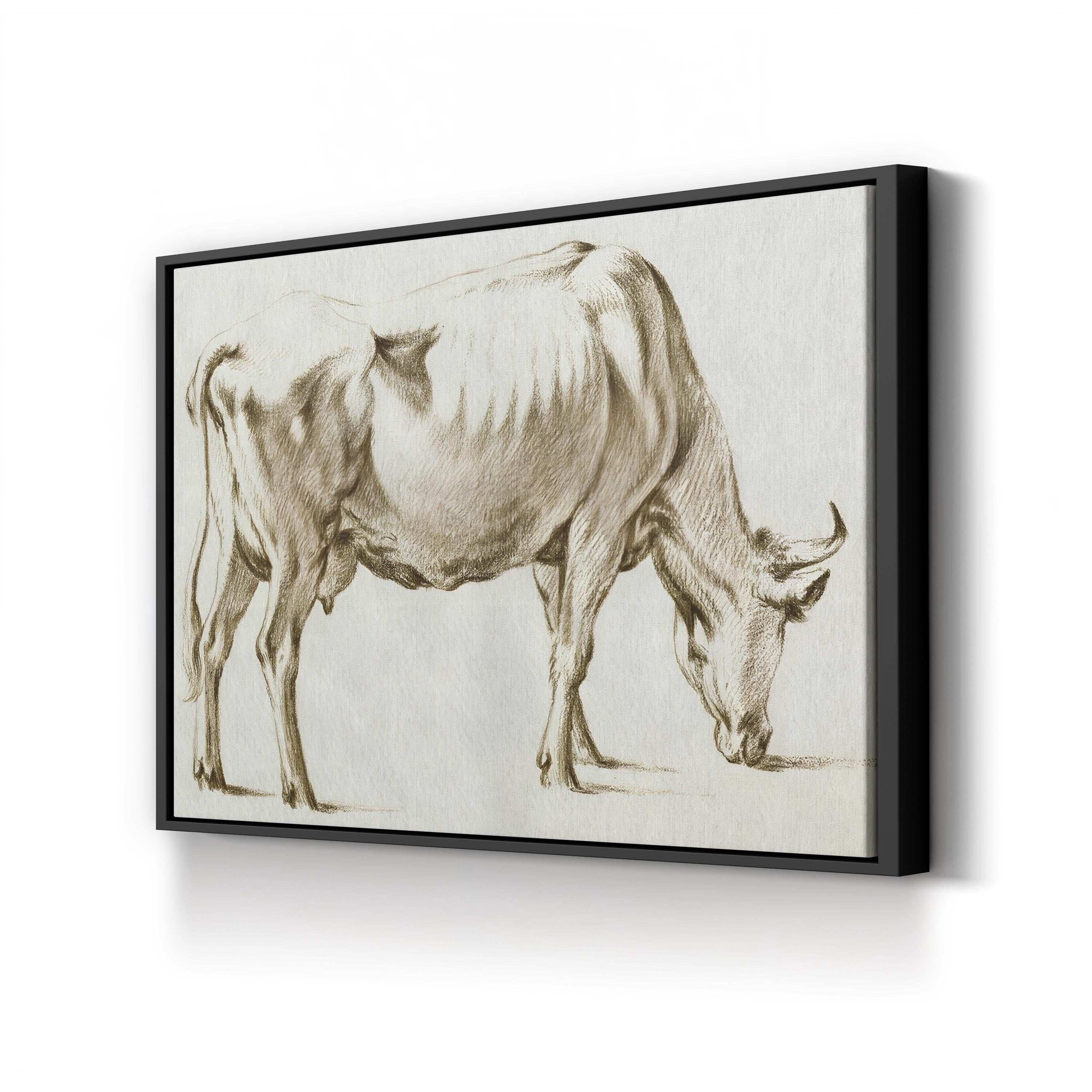 Sepia Grazing Cow Sketch I by Jean Bernard canvas print in Black frame
