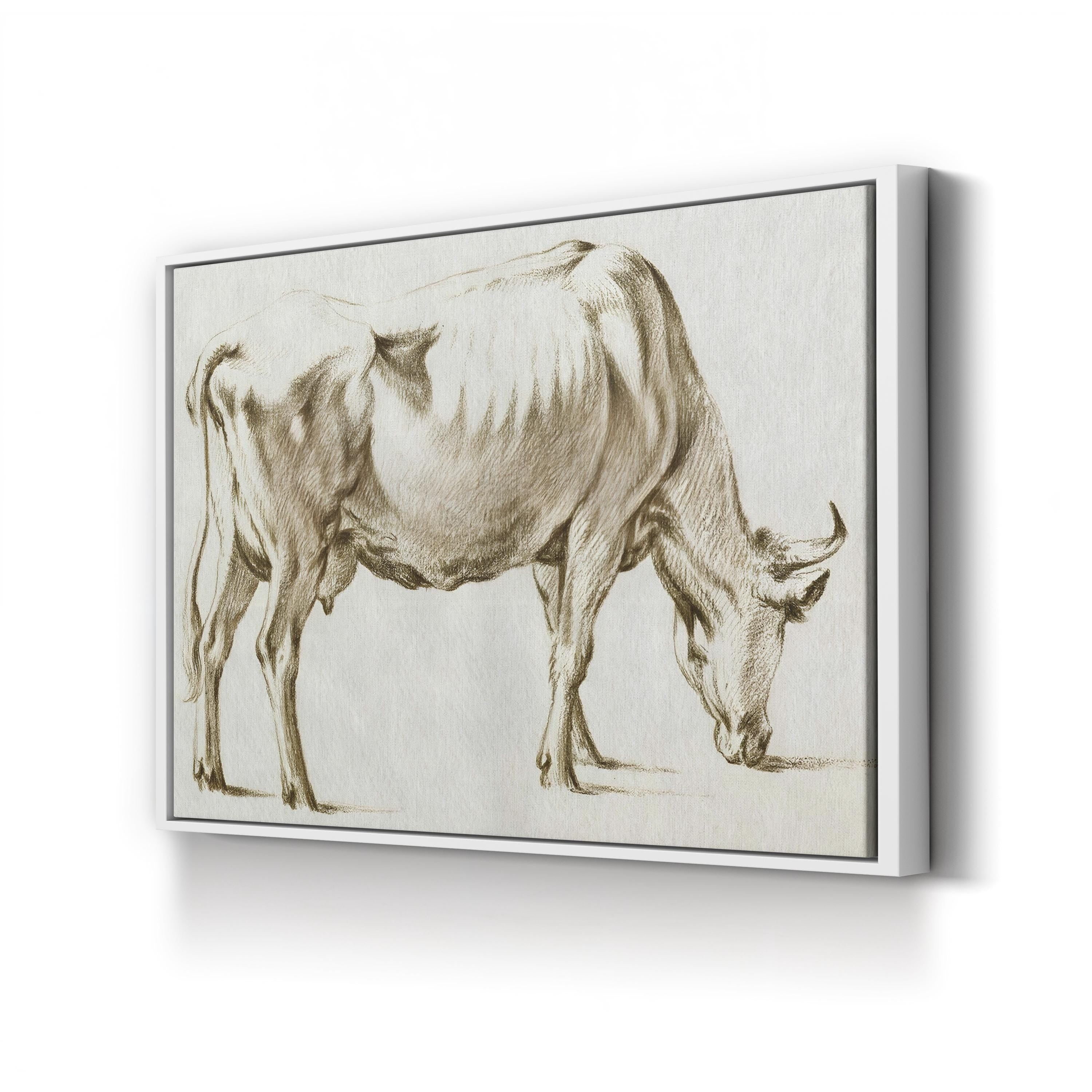 Sepia Grazing Cow Sketch I by Jean Bernard canvas print in White frame