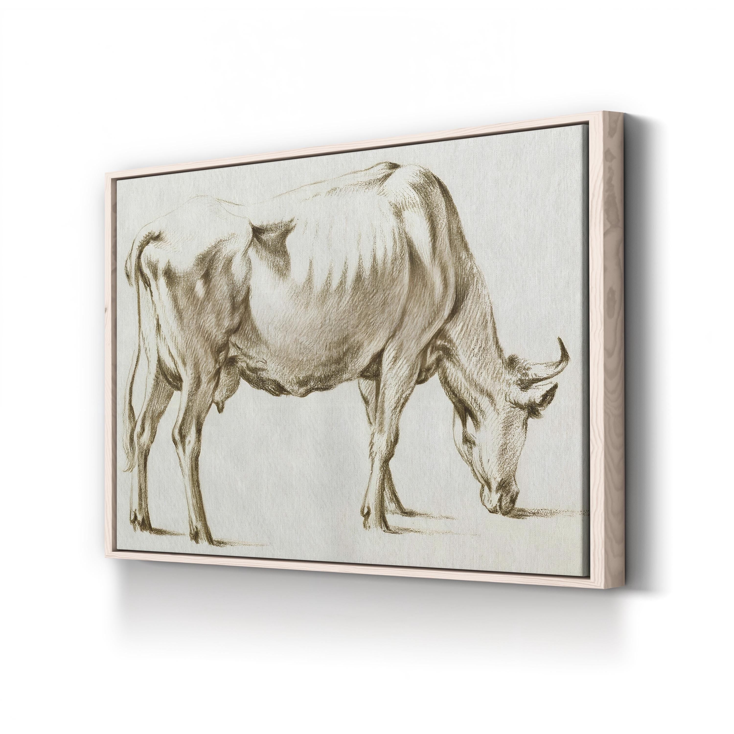 Sepia Grazing Cow Sketch I by Jean Bernard canvas print in Natural frame