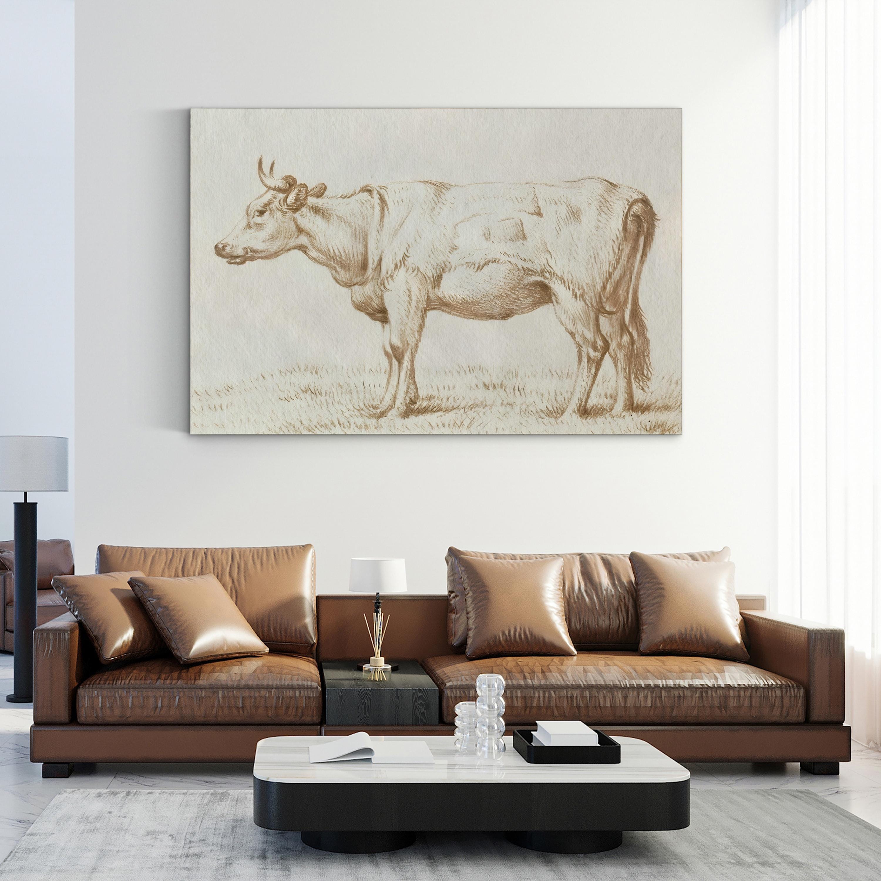 Sepia Grazing Cow Sketch II Wall Art by Jean Bernard – Rustic Farmhouse Animal Canvas