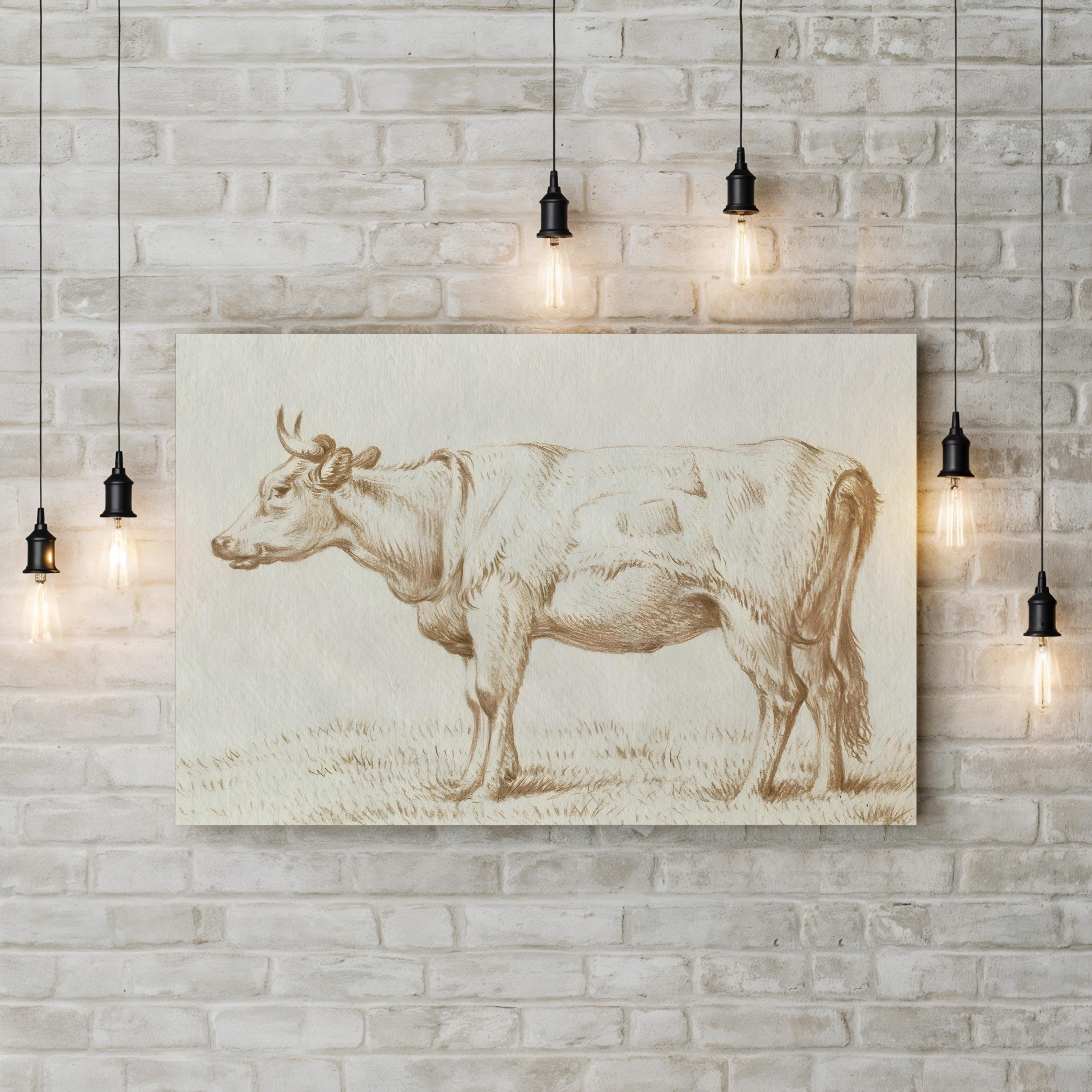 Sepia Grazing Cow Sketch II Wall Art by Jean Bernard – Rustic Farmhouse Animal Canvas