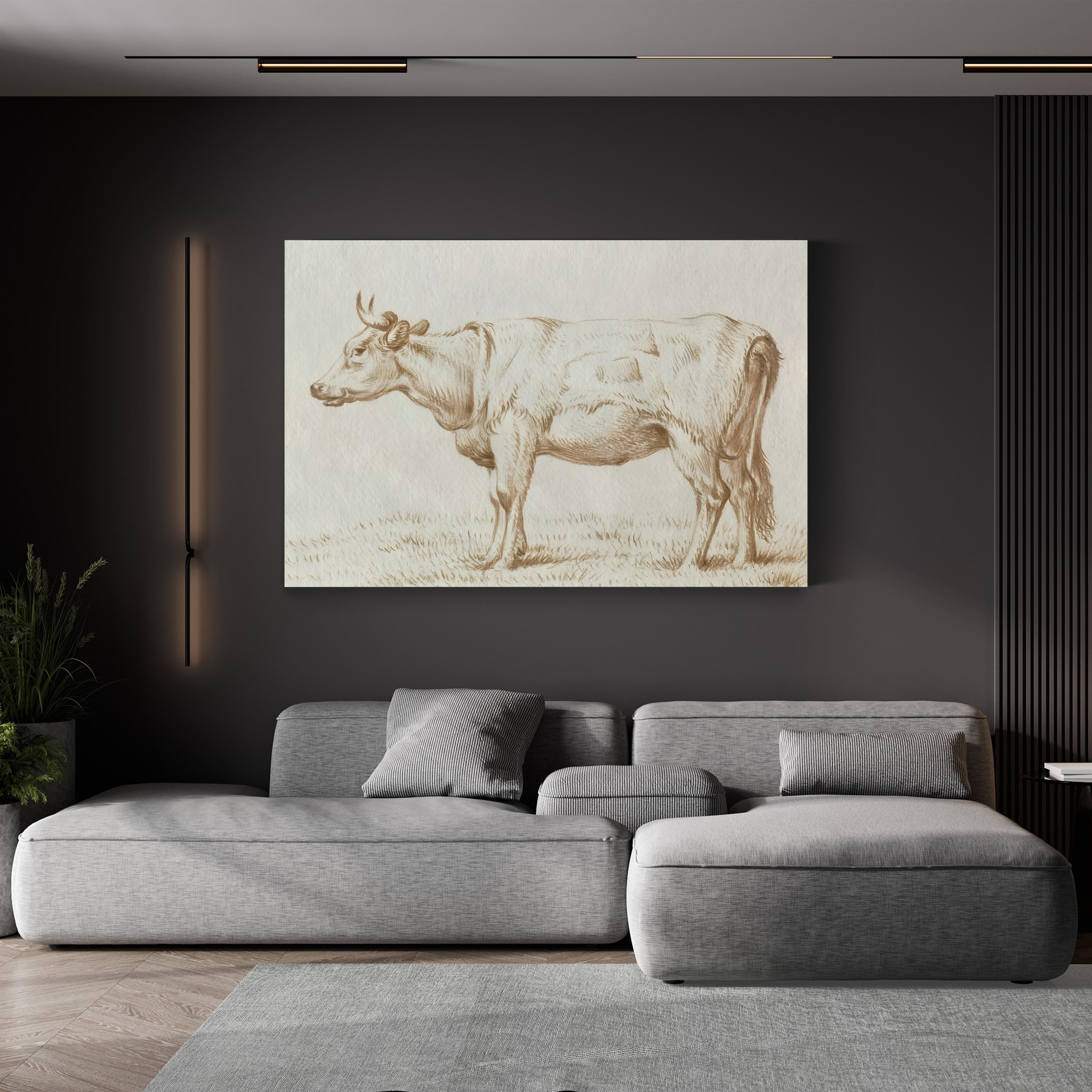 Sepia Grazing Cow Sketch II Wall Art by Jean Bernard – Rustic Farmhouse Animal Canvas