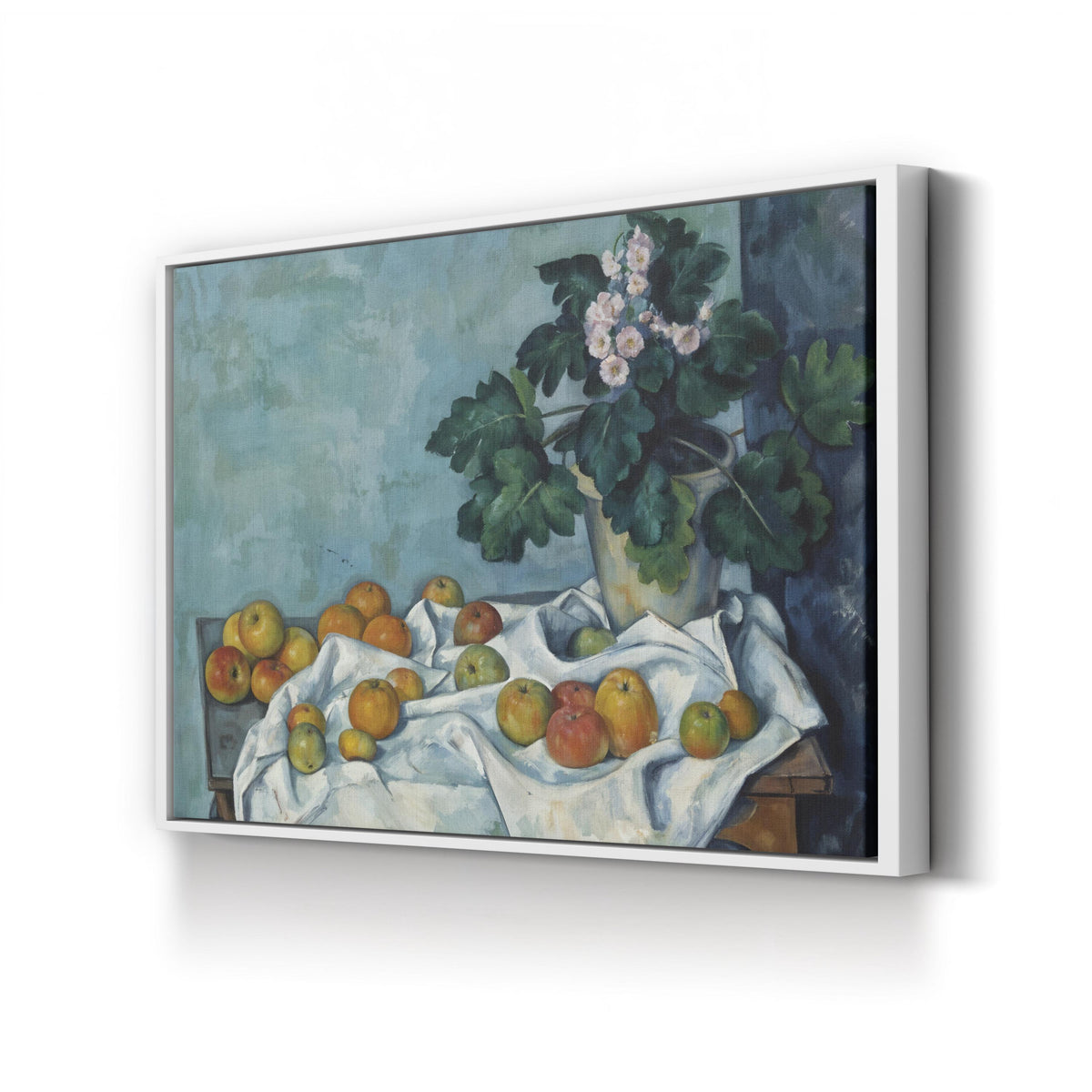 Still Life with Apples and a Pot of Primroses by Paul Cézanne canvas print in white frame