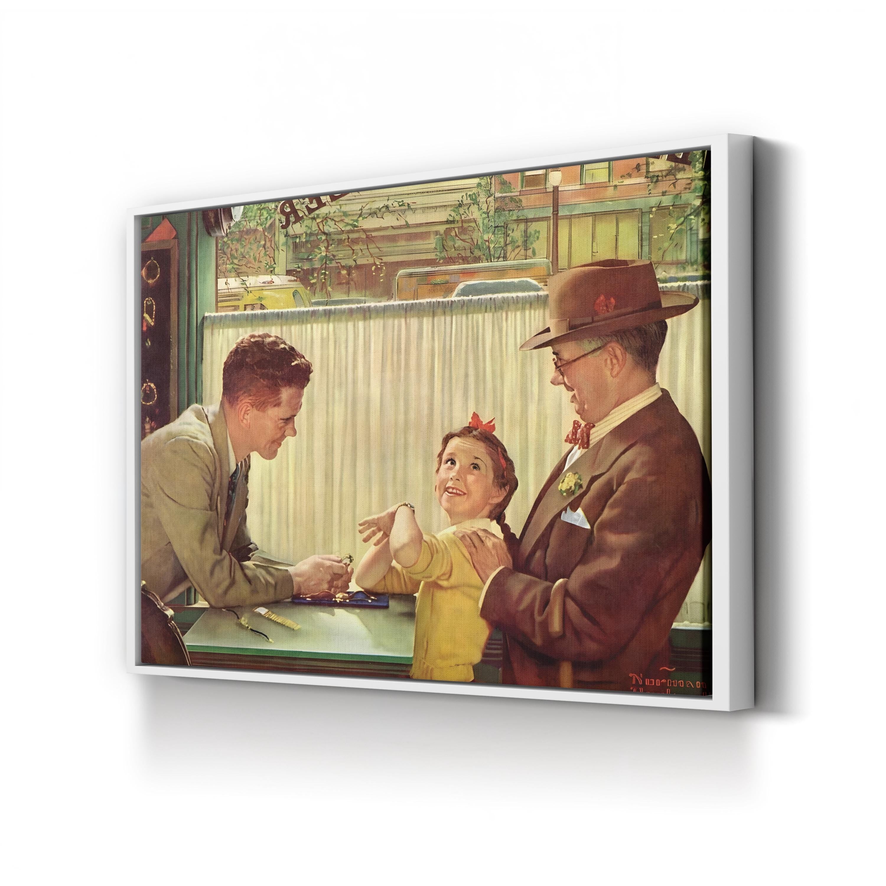 The Jewelry Shop, 1954 by Norman Rockwell canvas print in White Framed Canvas