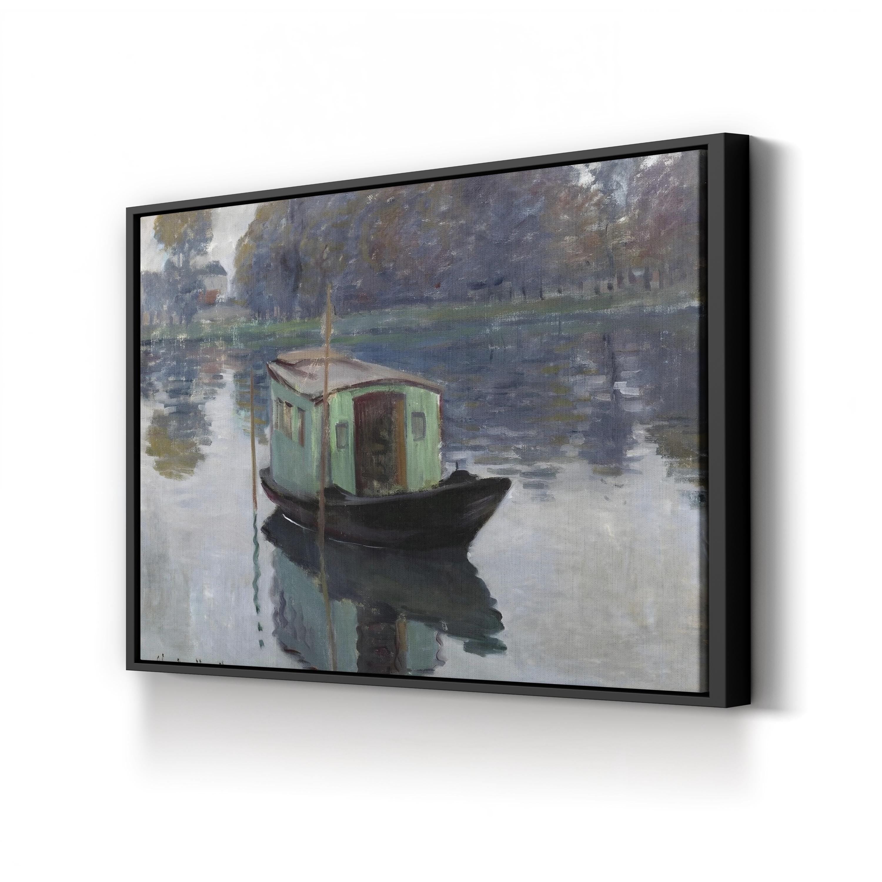 The Studio Boat, c. 1874 by Claude Monet canvas print in black frame